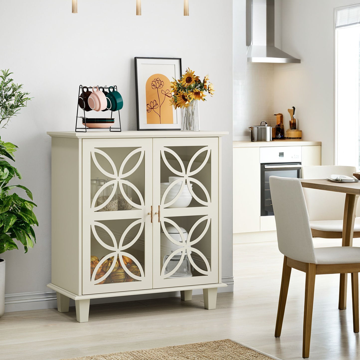 Modern Retro Sideboard Buffet Storage Cabinet With Adjustable Shelves And Tempered Glass Doors - Cream Color Home Essentials