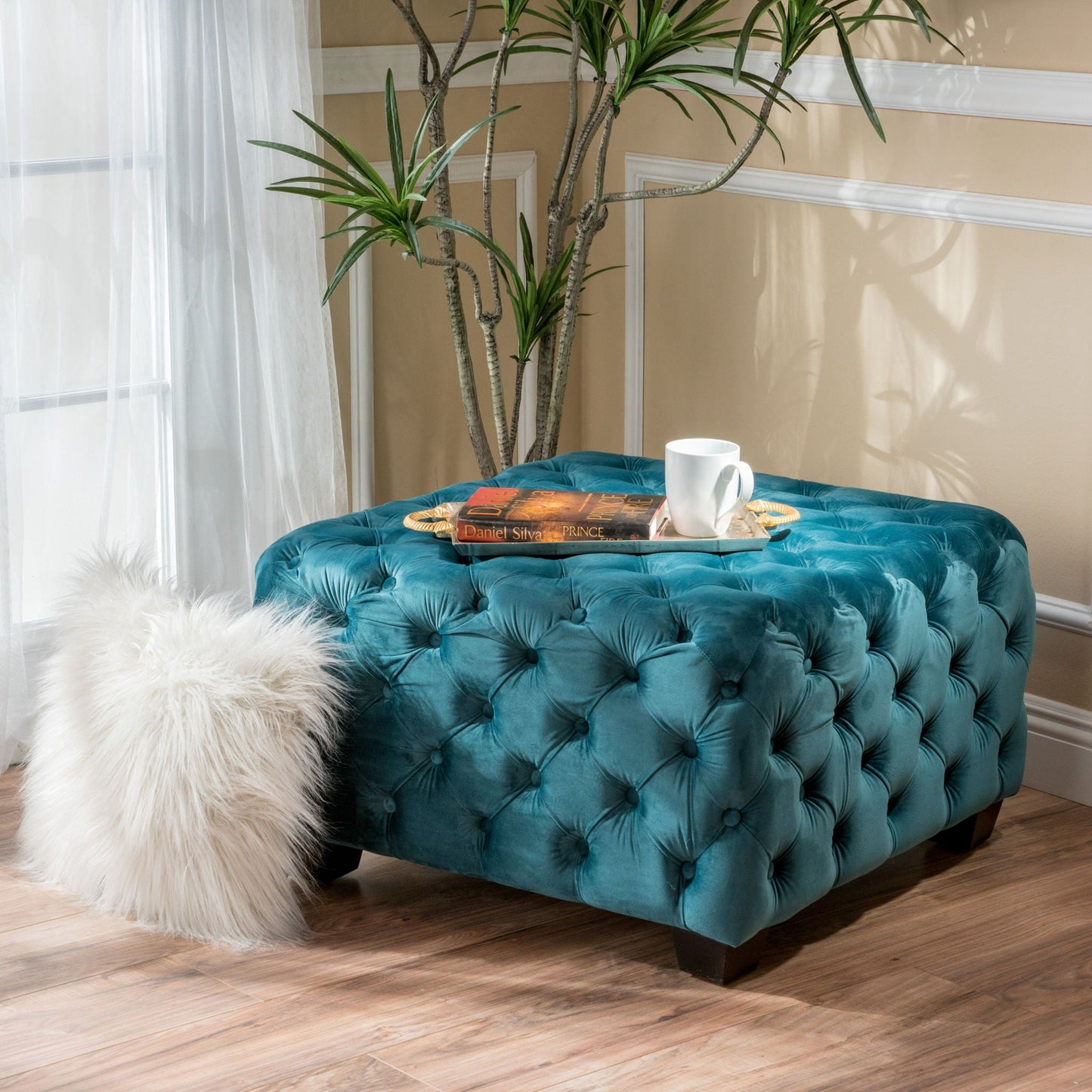 Unwind Upholstered Square Ottoman With Button Tufted Diamond Stitch - Teal Noble House