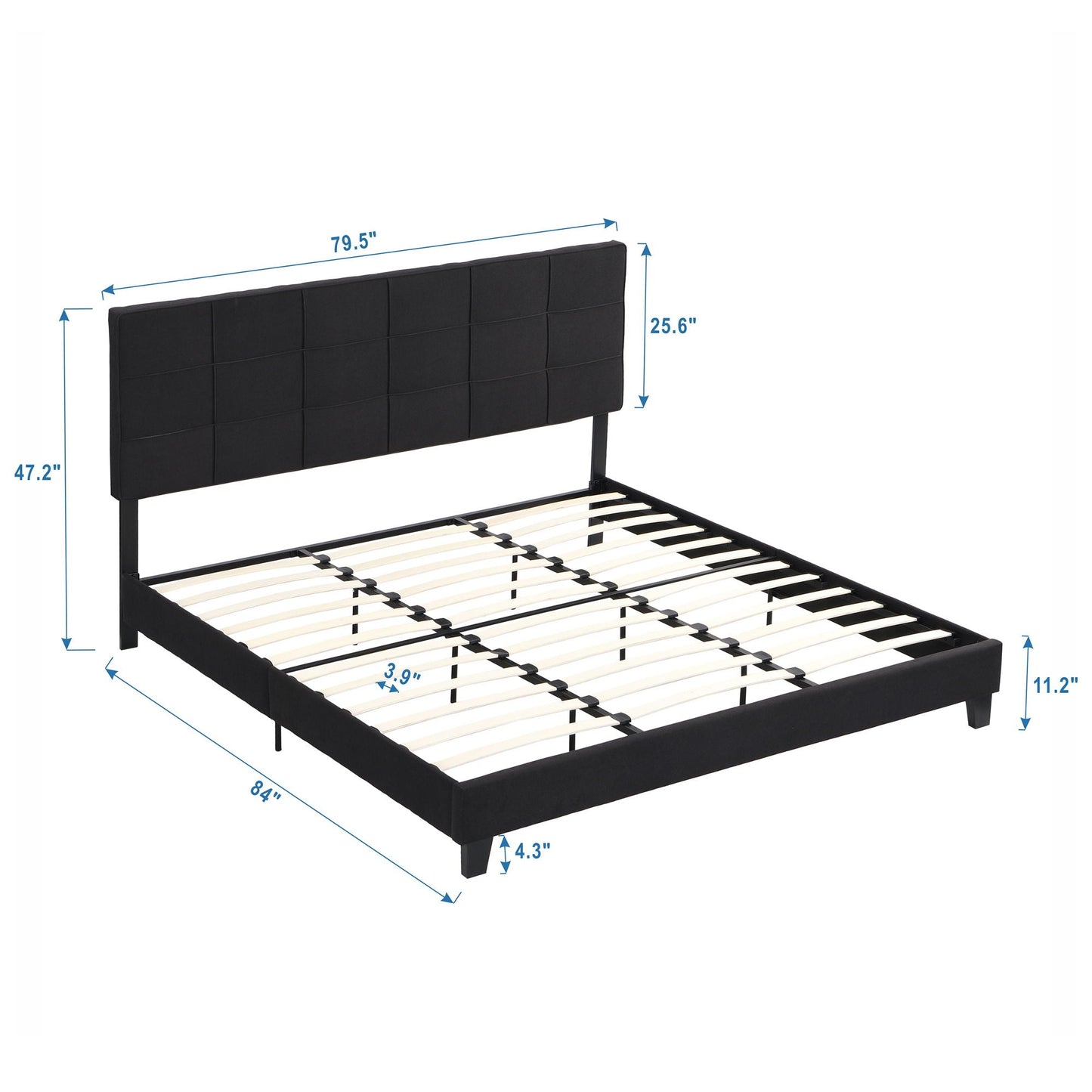 King Size Upholstered Platform Bed Frame With Linen Fabric Headboard, Wood Slat Support - Black Home Essentials