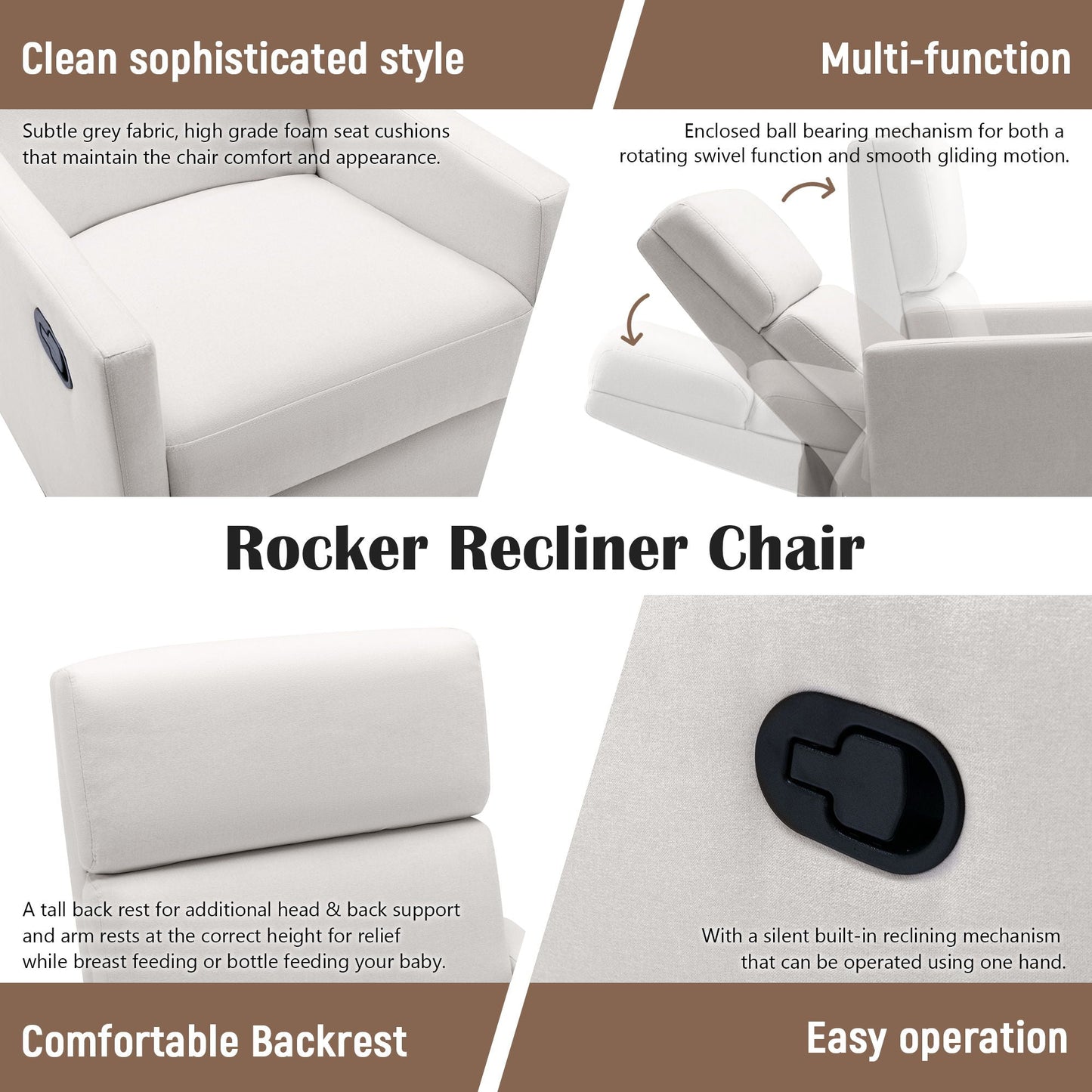 Modern Upholstered Rocker Nursery Chair Plush Seating Glider Swivel Recliner Chair Hearth and Haven