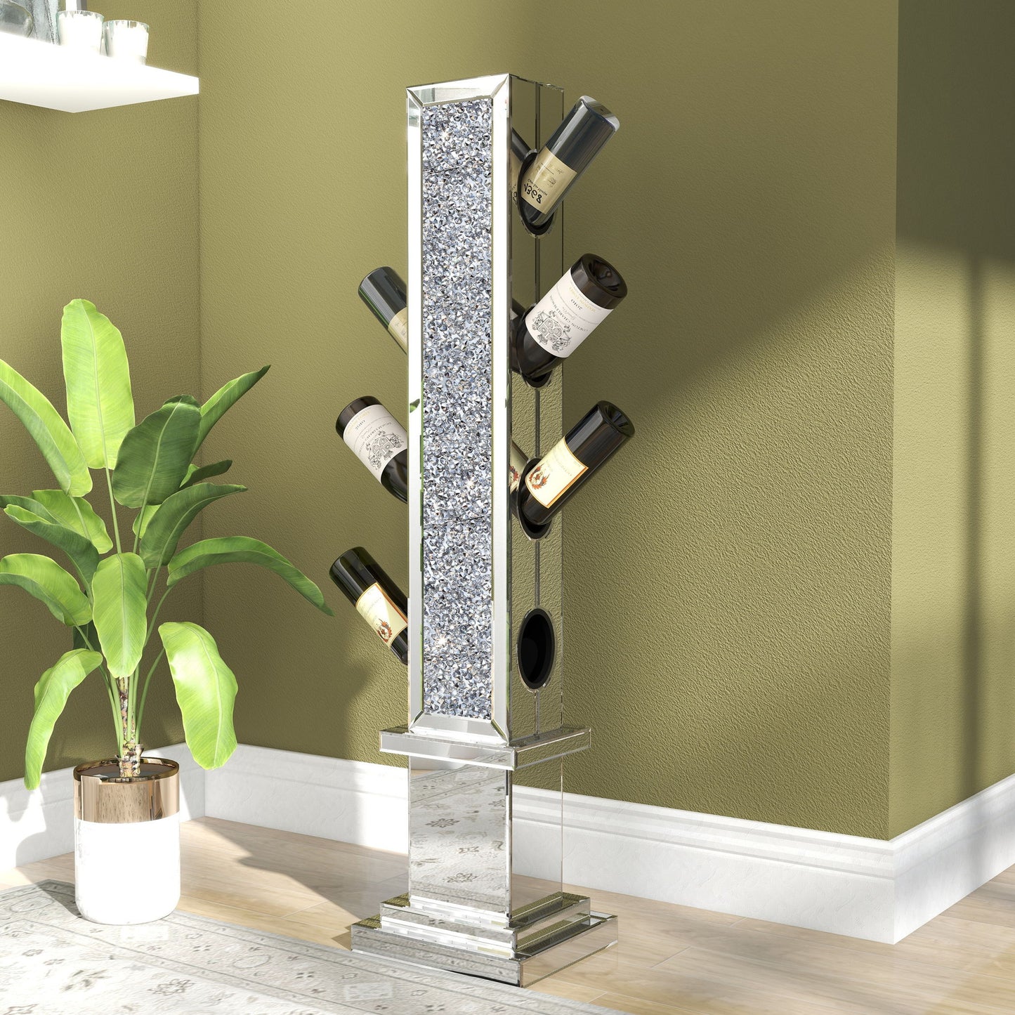 Crushed Diamond Floating Mirrored Wine Bottle Holder - Silver Home Essentials