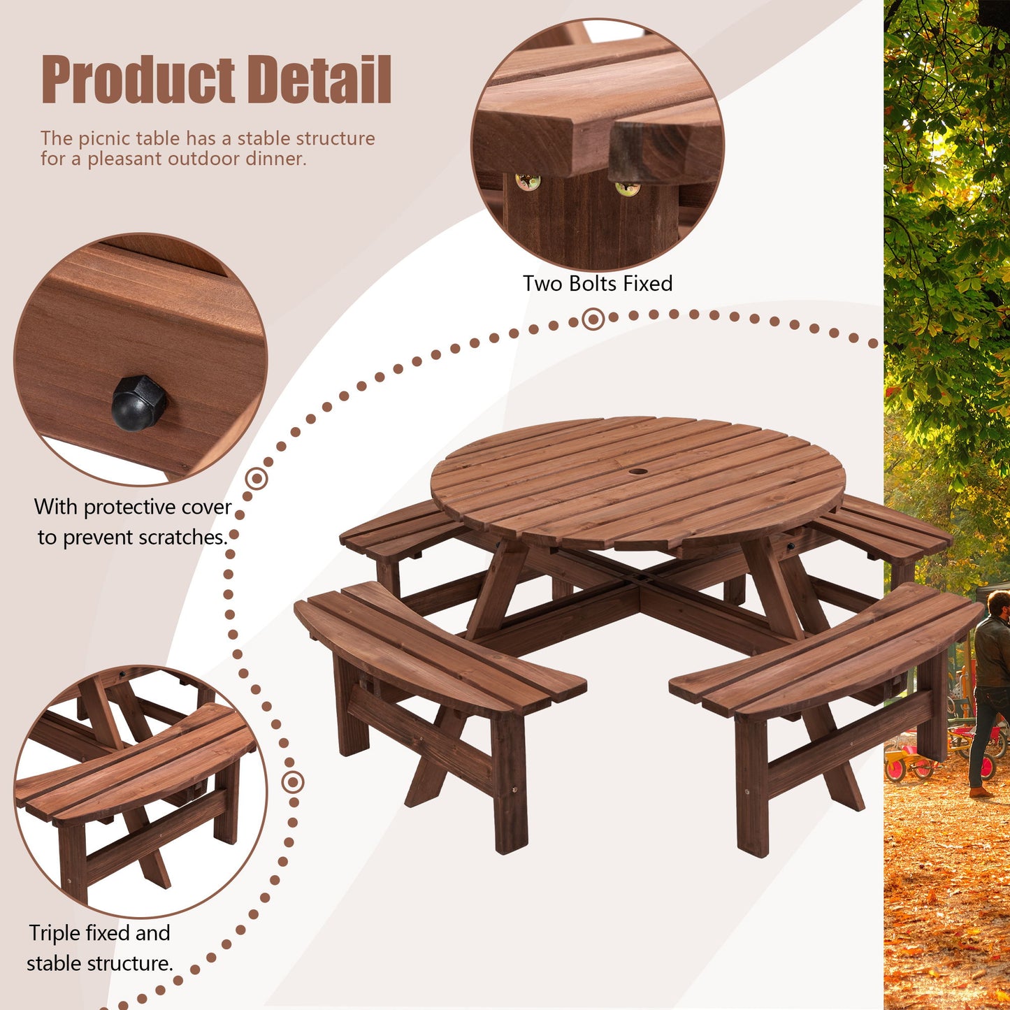 8 Person Wooden Picnic Table, Outdoor Camping Dining Table With Seat, Garden, Diy With 4 Built-In Benches, 2220Lb Capacity Home Essentials