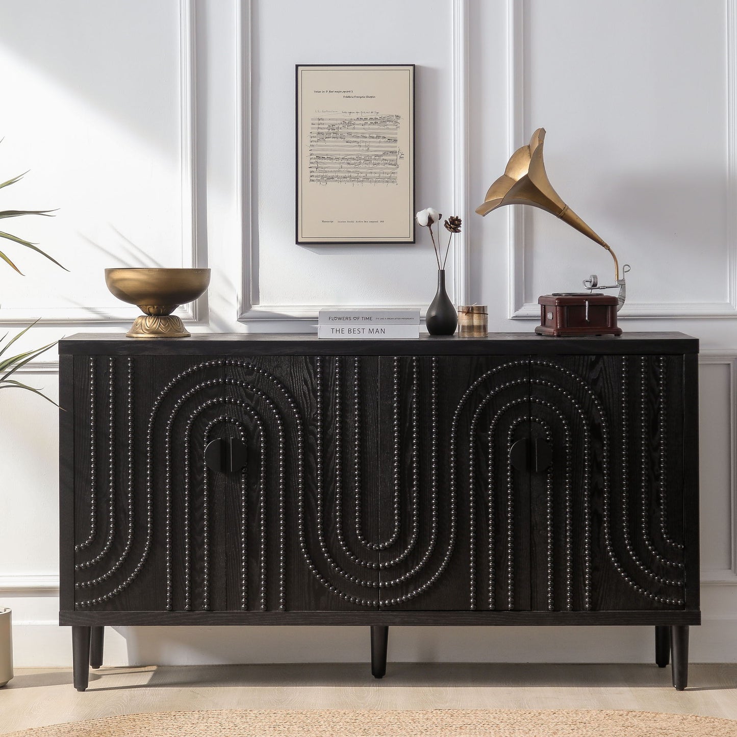 Modern Sideboard Cabinet With Decorative Nailhead Accents, Stylish Storage Solution For Dining, Living Rooms - Black Home Essentials