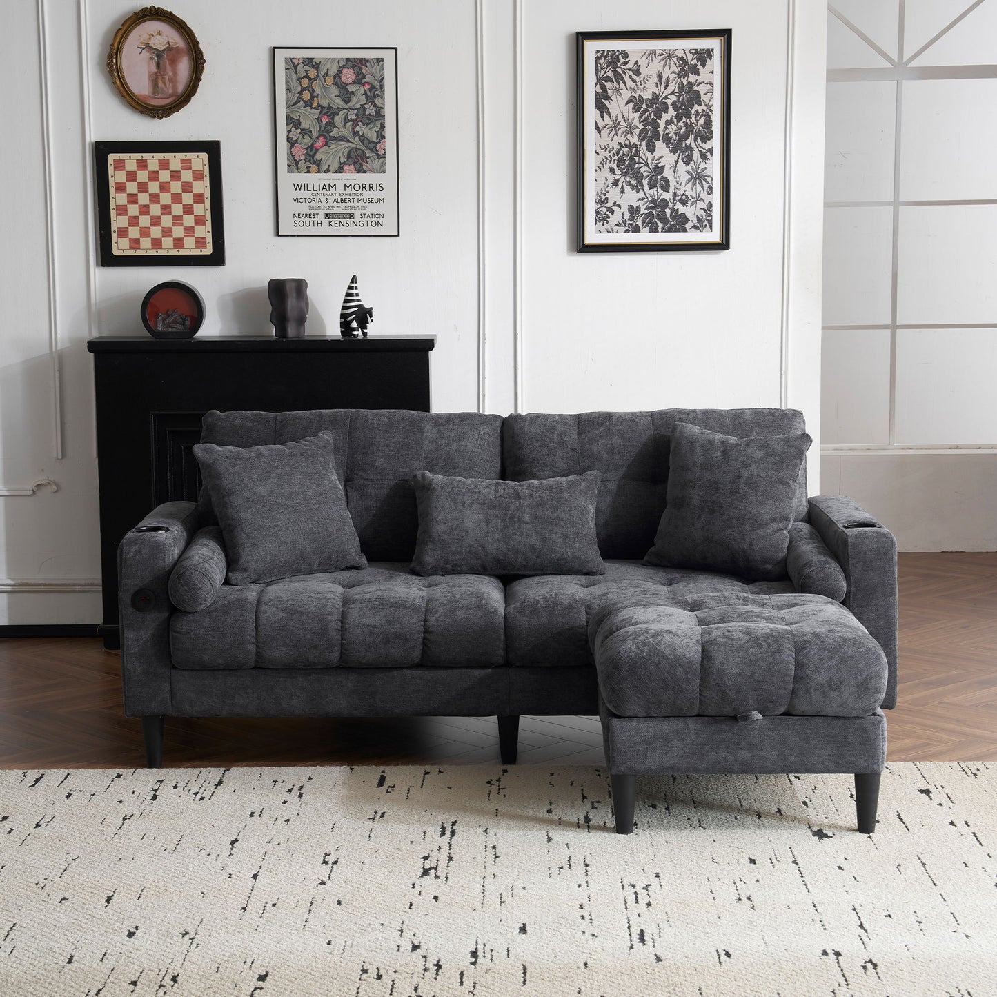 3 Seat L-Shaped Chenille Sofa With Removable And Storage Ottoman, Side Storage, And USB / C - Type Charging Ports Sofa For Living Room