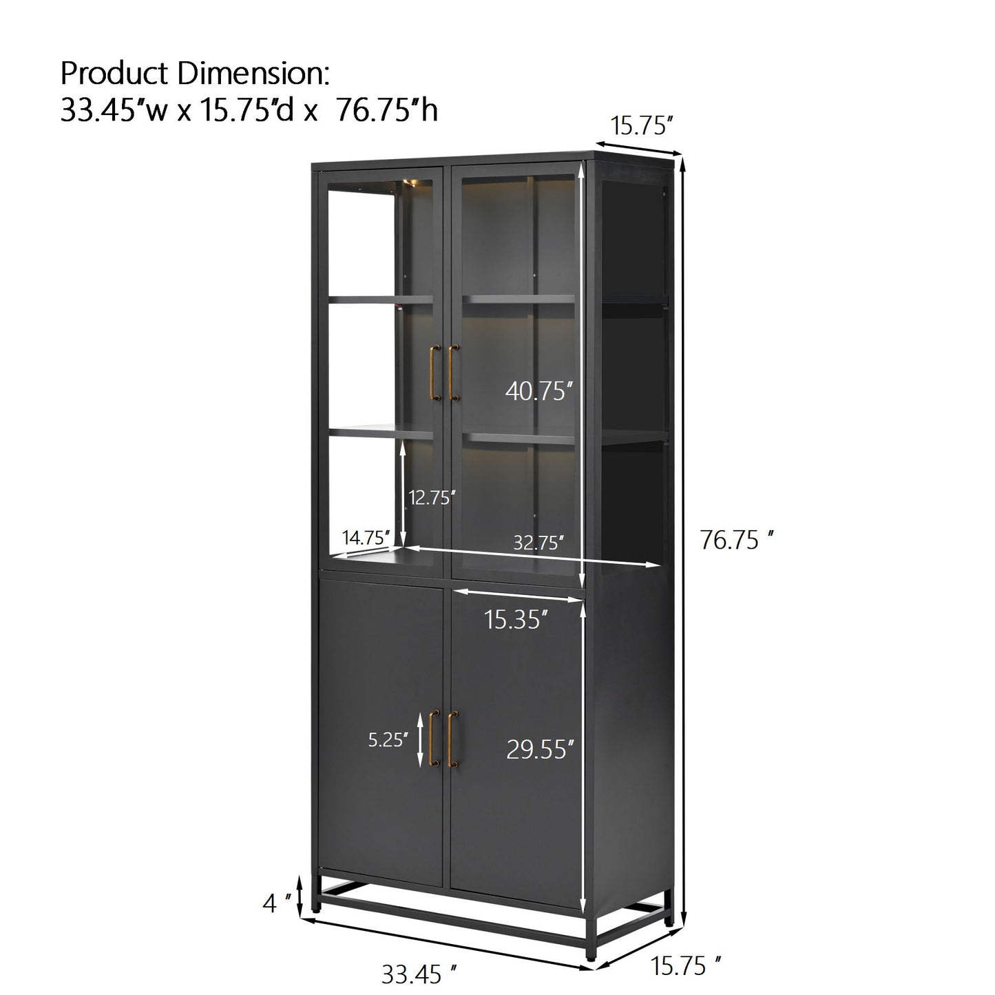 Modern Style Tall Steel Display Cabinet With Double Glass Doors, LED Lights Hearth and Haven