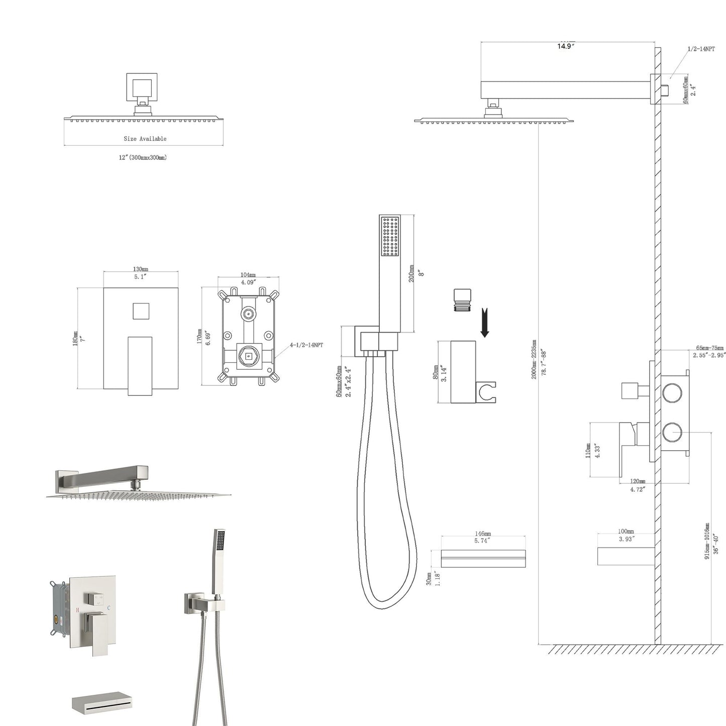 Square Shower System With Waterfall Tub Spout And Rough In Valve, Wall Mounted Daily Nest