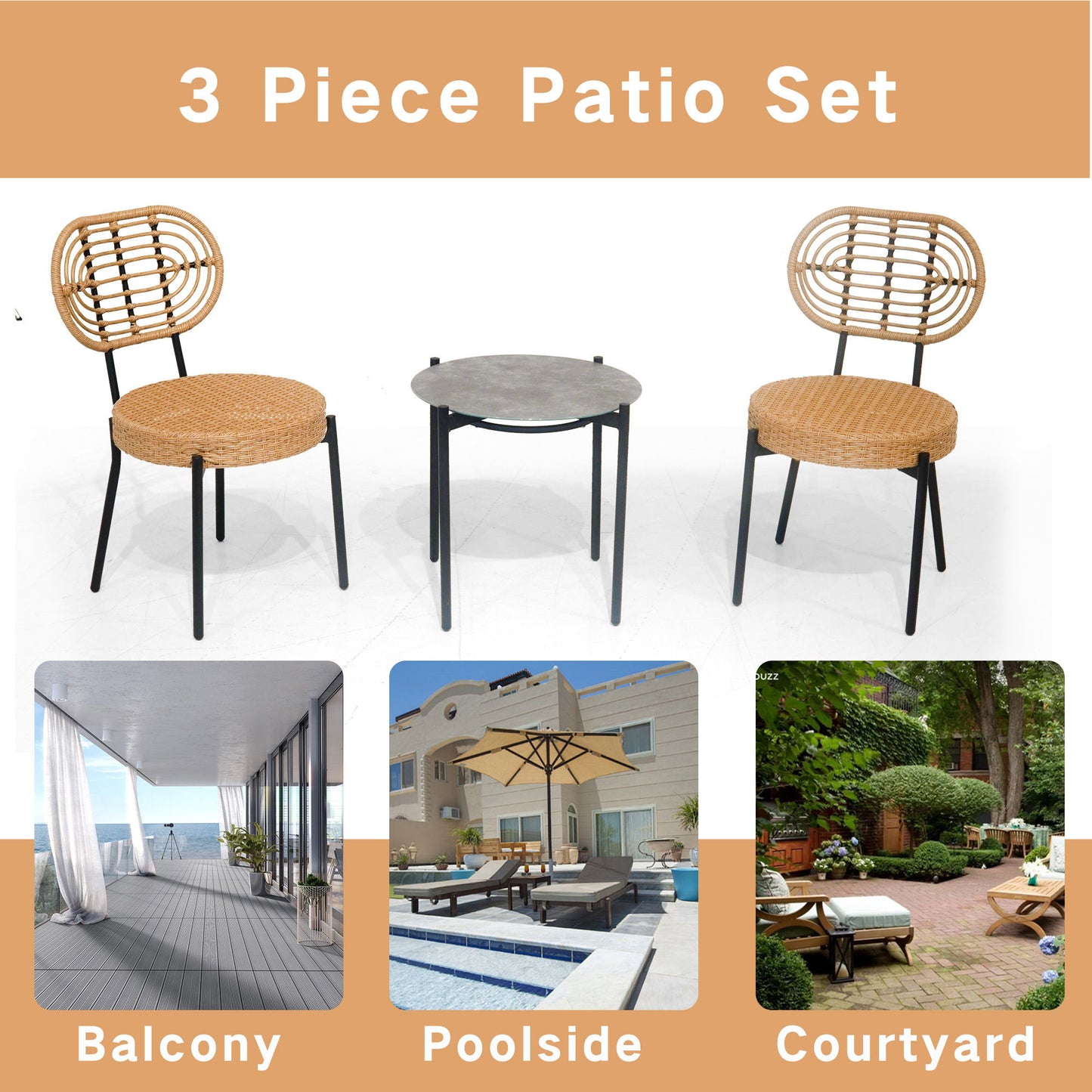 3 Pieces Of Luxury Outdoor Wicker Furniture Patio Bistro Style Table And Chair Combination, Weather Resistant PE Wicker Weave, Suitable For Garden - Black / Natural Home Essentials