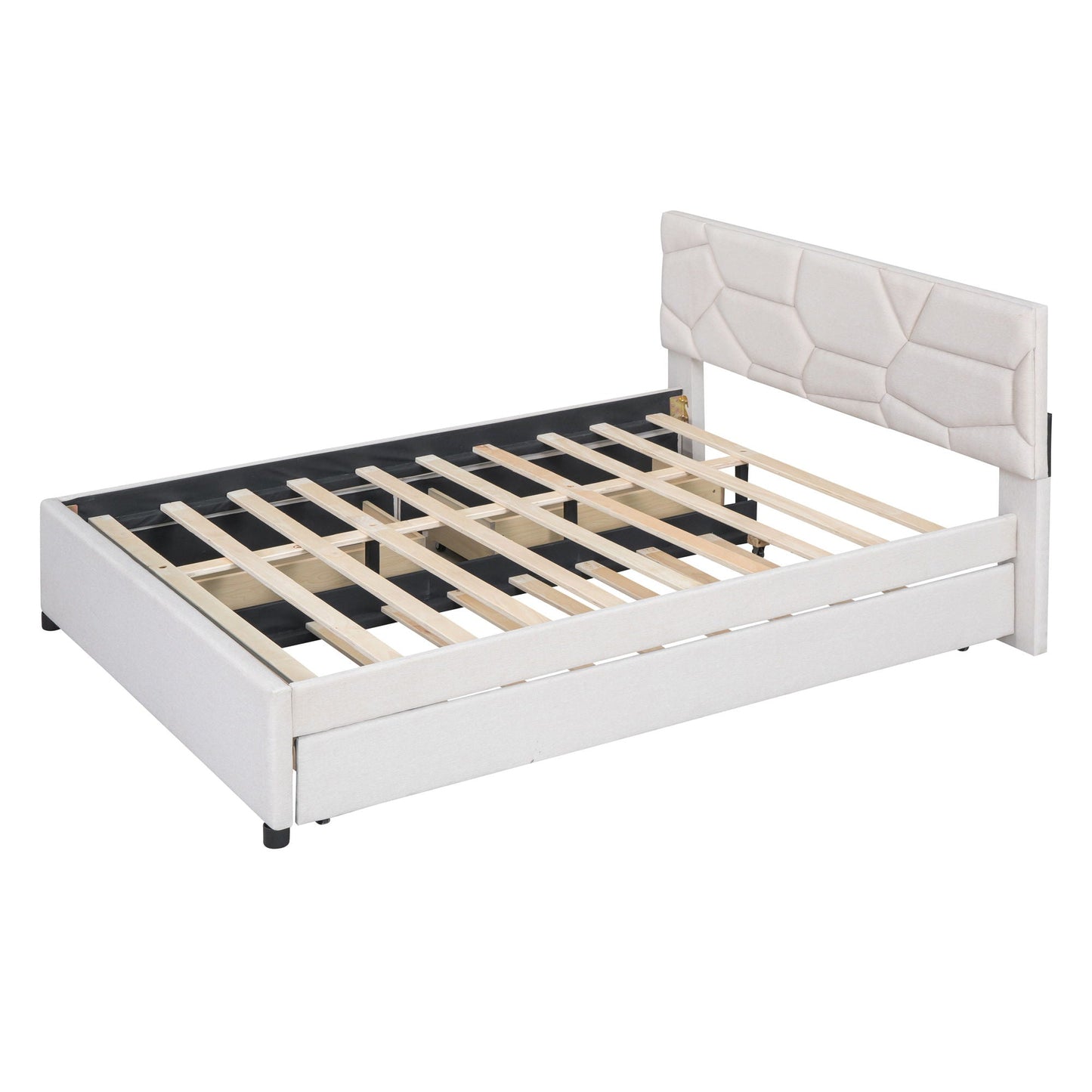 Upholstered Platform Bed With Brick Pattern Headboard And Twin Long Size Trundle Halcyon Home