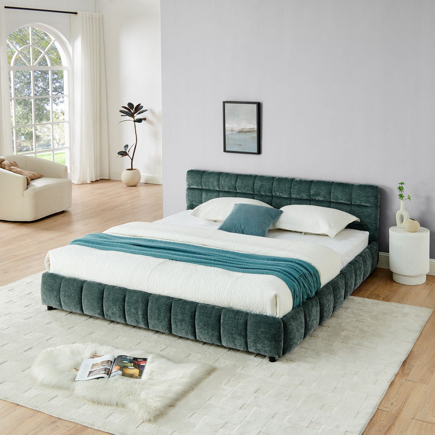 Modern Platform Bed Frame With Thick Chenille Fabric Home Essentials