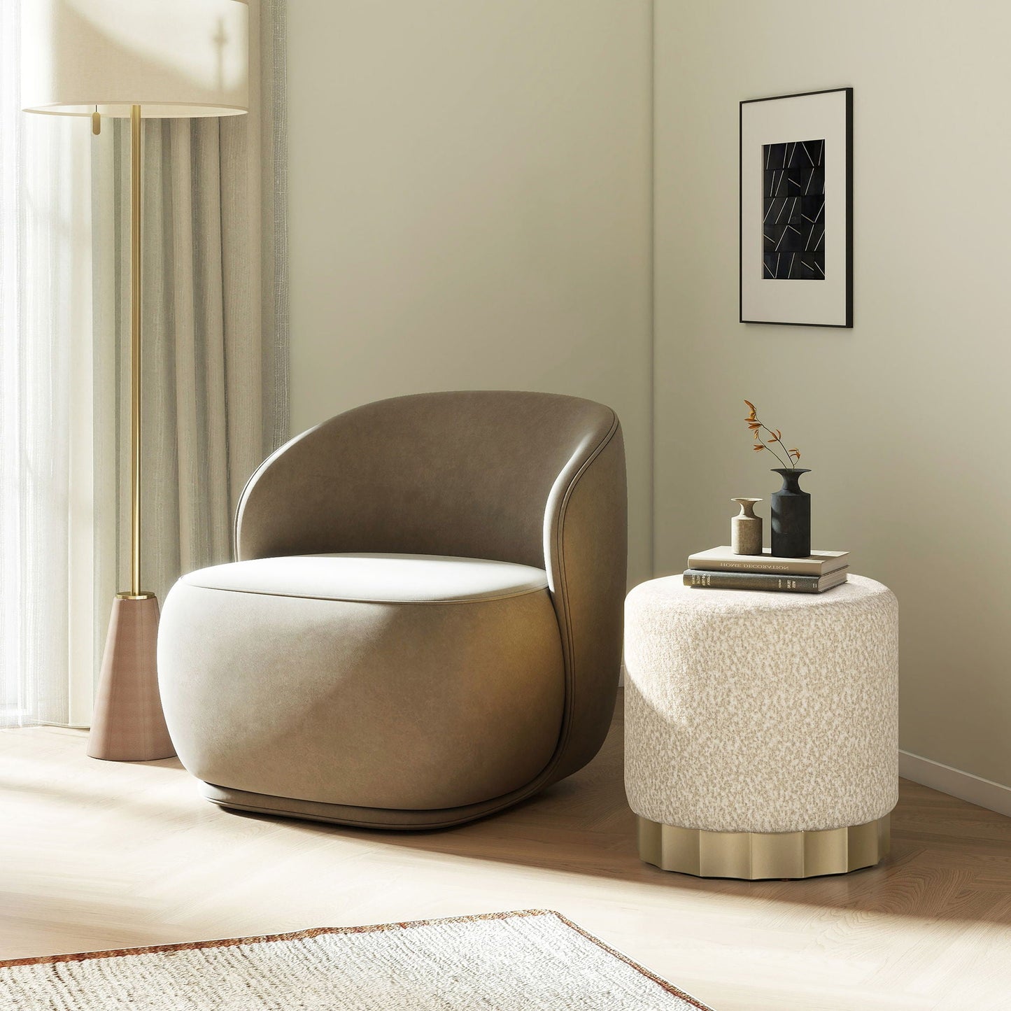 Hampton - Round Upholstered Ottoman With Scalloped Base - Speckled Egg Beige Jennifer Taylor Home