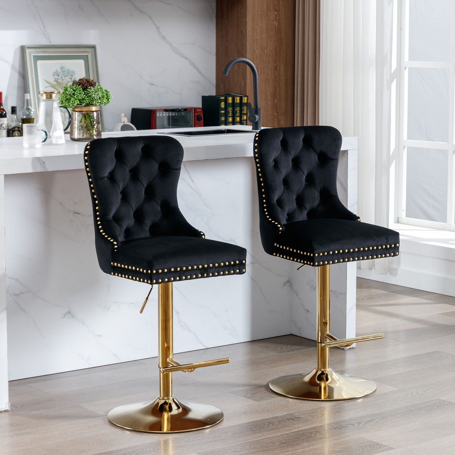 Thick Golden Swivel Velvet Barstools Adjusatble Seat Height From 25-33", Modern Upholstered Bar Stools With Backs Comfortable Tufted For Home Pub And Kitchen Island (Set of 2) Home Essentials