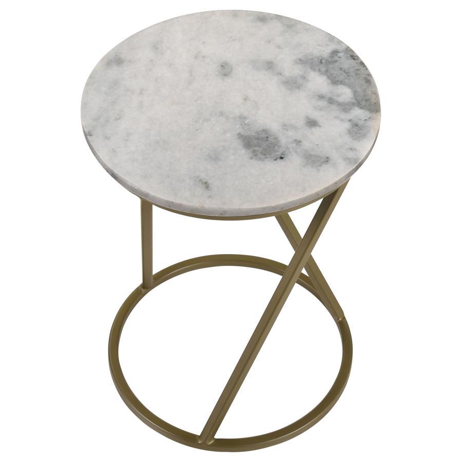 Malthe - Round Marble Top Accent Side - White And Antique Gold CoasterEssence