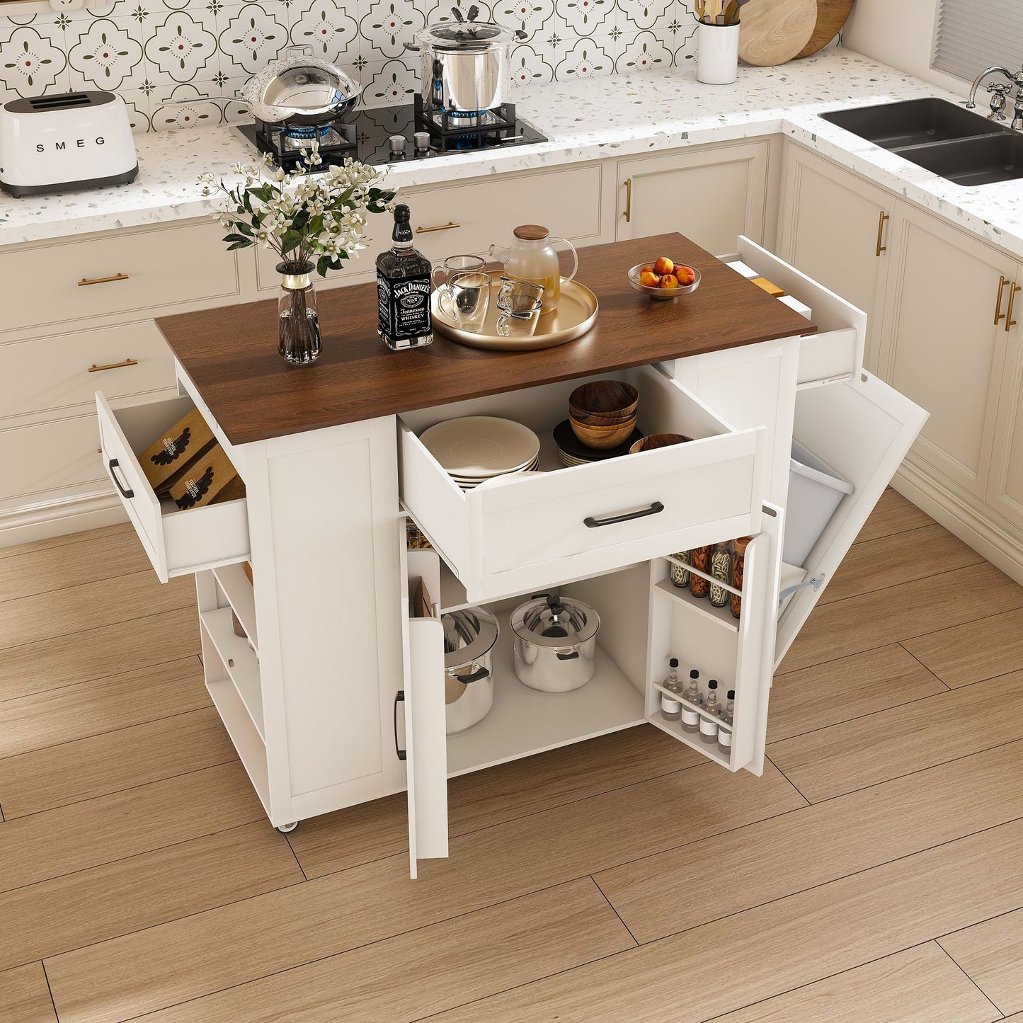 Rustic Movable Kitchen Island On Wheels With Storage & Power Outlet - White Home Essentials