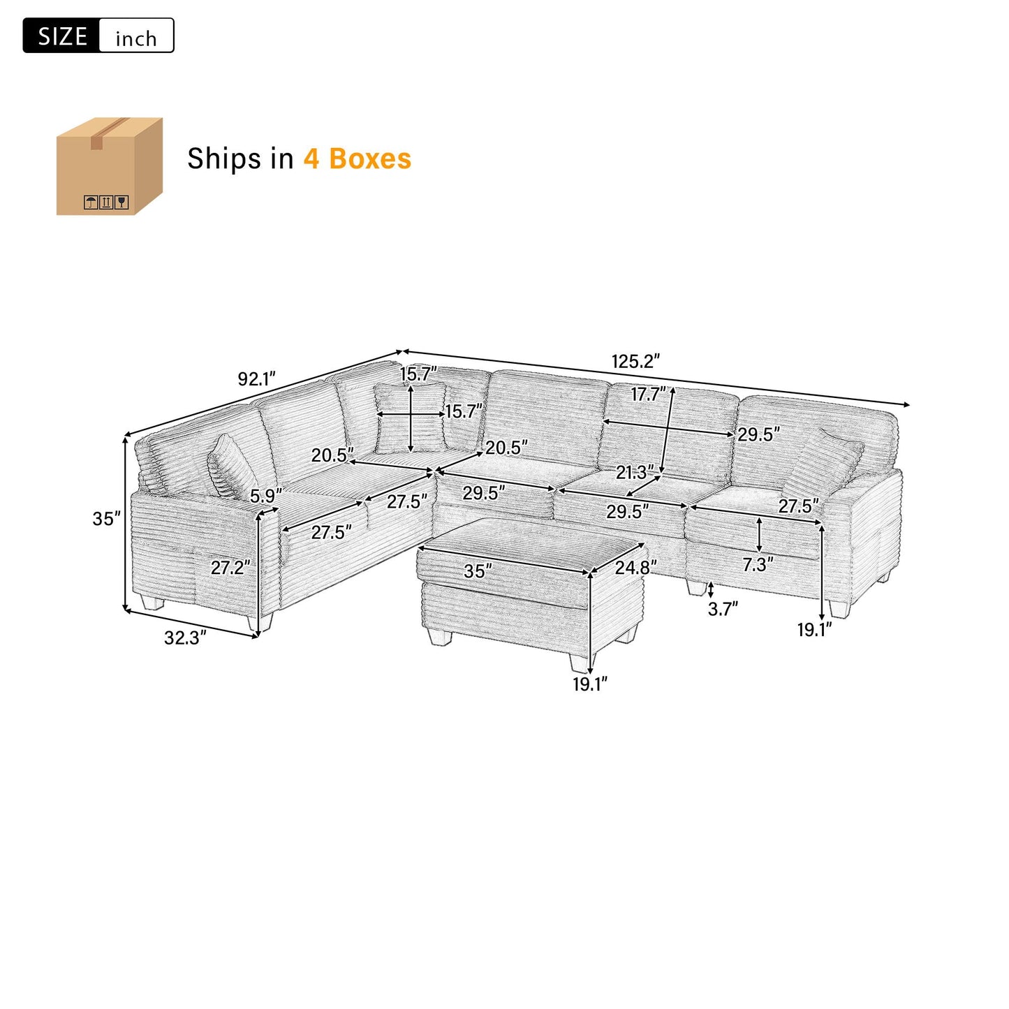 Upholstered U-Shaped Sectional Sofa With Movable Ottoman And Side Storage Pockets - Snoozhouse