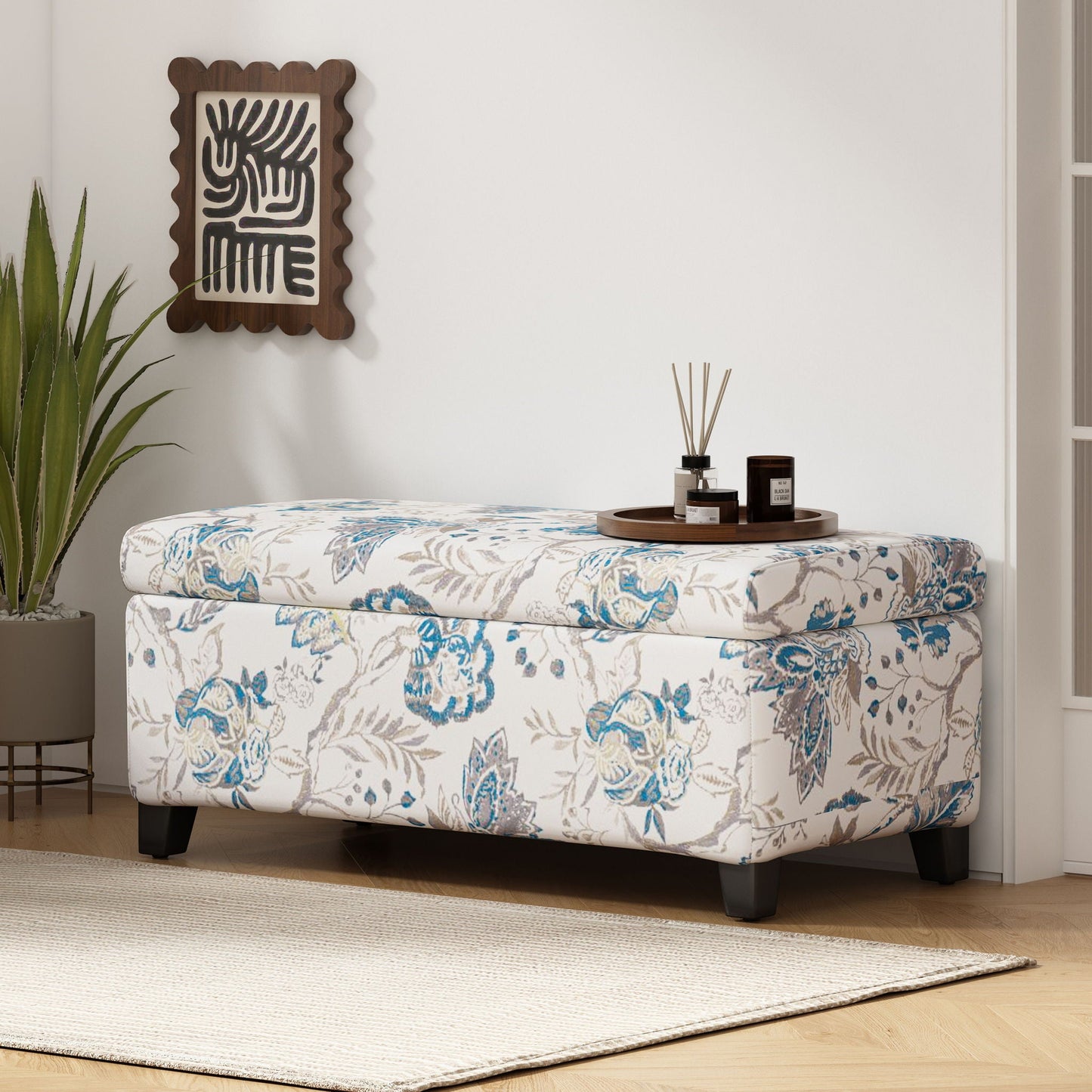 Luxury Storage Ottoman With Floral Patterned Fabric, Soft Close Hinges, Functional Footrest & Seat - Blue Flower / Blue Multi Noble House