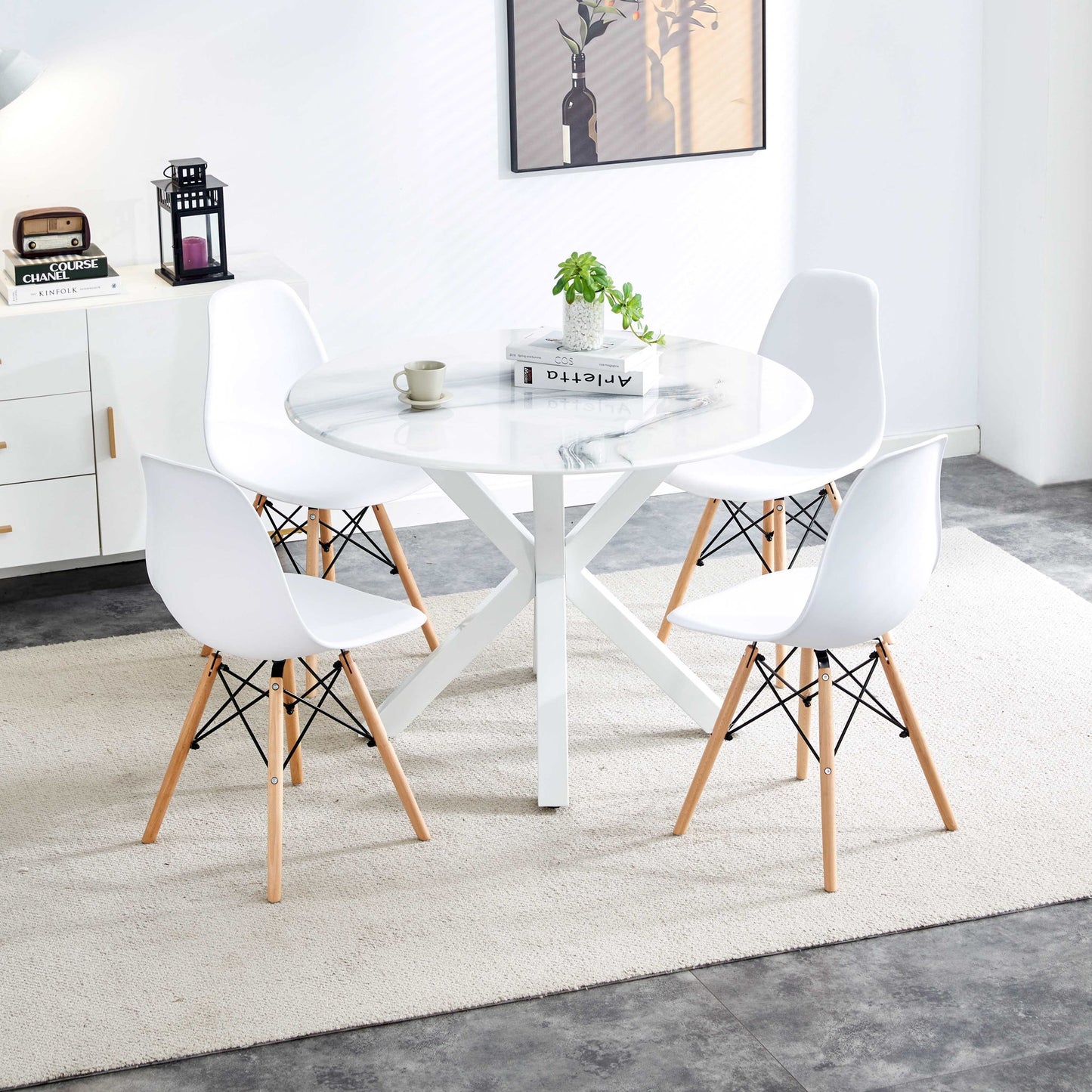 Table Cross Leg Mid-Century Dining Table For 4 - 6 People With Round MDF Table Top, Pedestal Dining Table, End Table Leisure Coffee Table - White Home Essentials