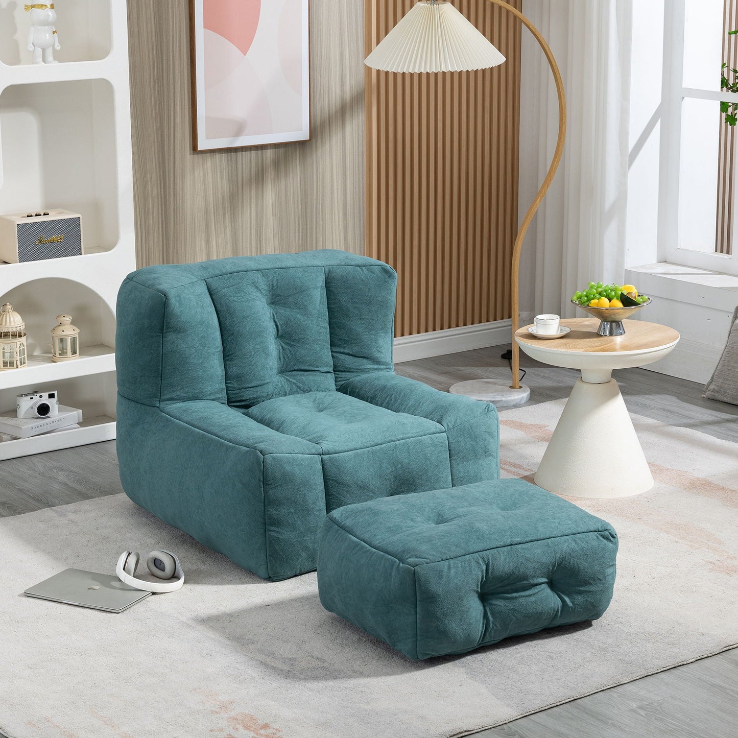 Modern Indoor Fluffy Bean Bag Chair With Memory Foam And Ottoman, Super Soft Home Essentials