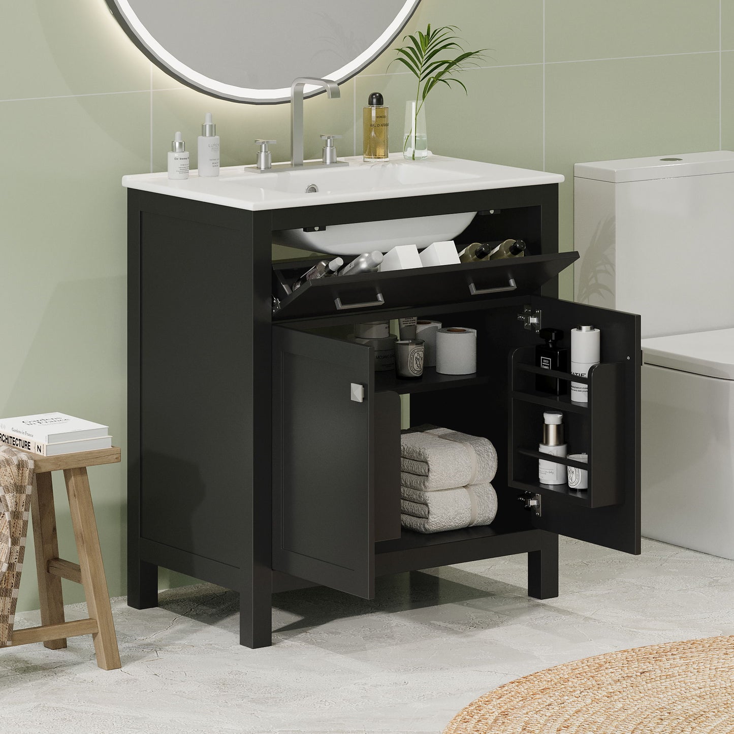 Bathroom Vanity With Ceramic Sink, Modern Single Bathroom Cabinet With 2 Doors And A Shelf, Soft Close Doors Hearth and Haven