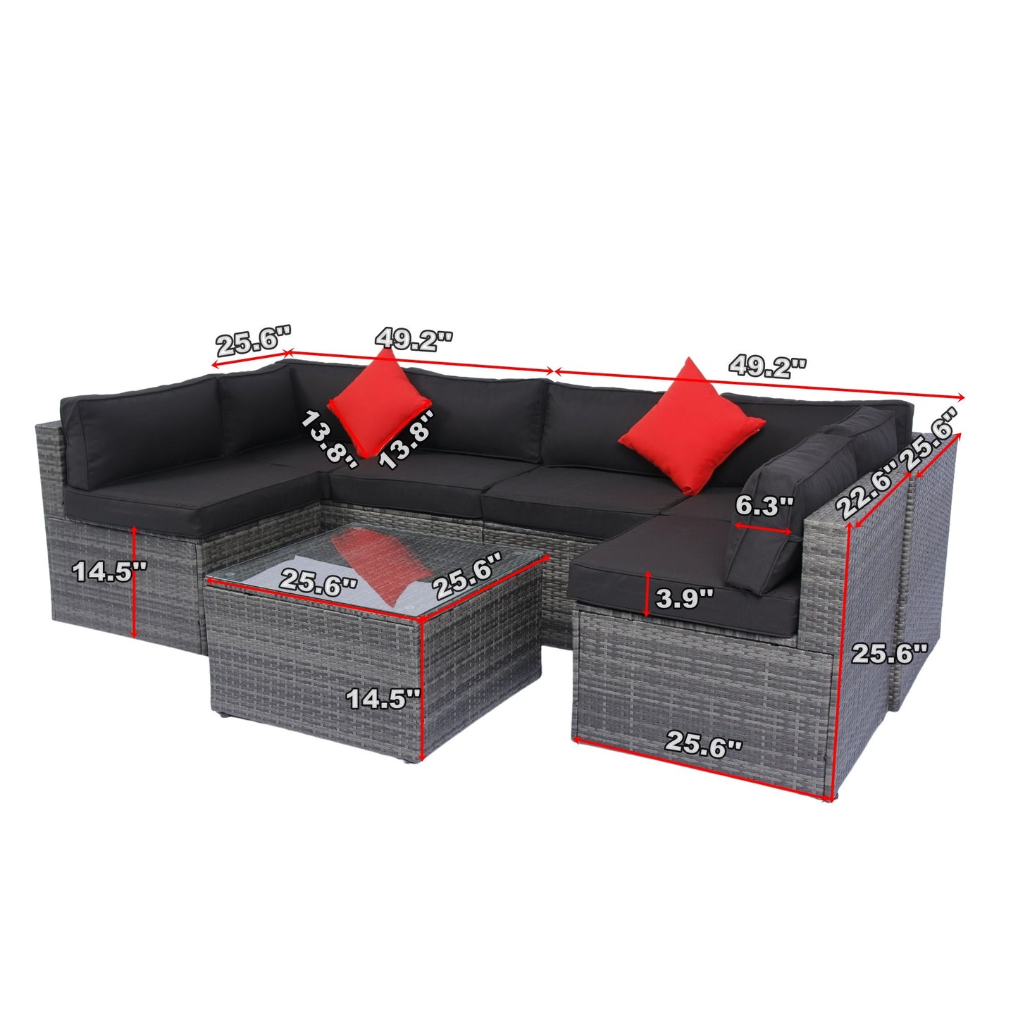 5 Pieces Rattan Sectional Outdoor Furniture Cushioned U Sof Set With 2 Pillow - Gray / Black Home Essentials