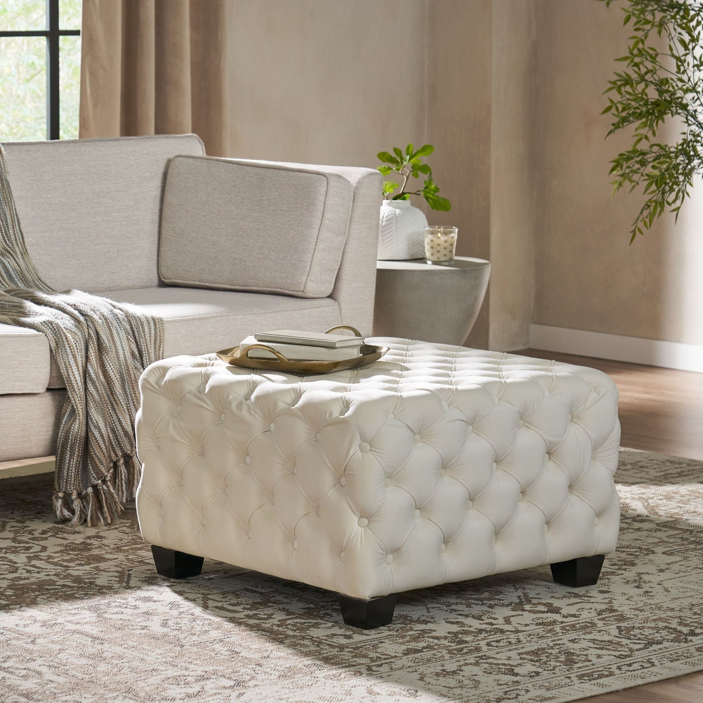 Modern Glam Ottoman With Velvet Upholstery And Button Tufted Design - Ivory Noble House