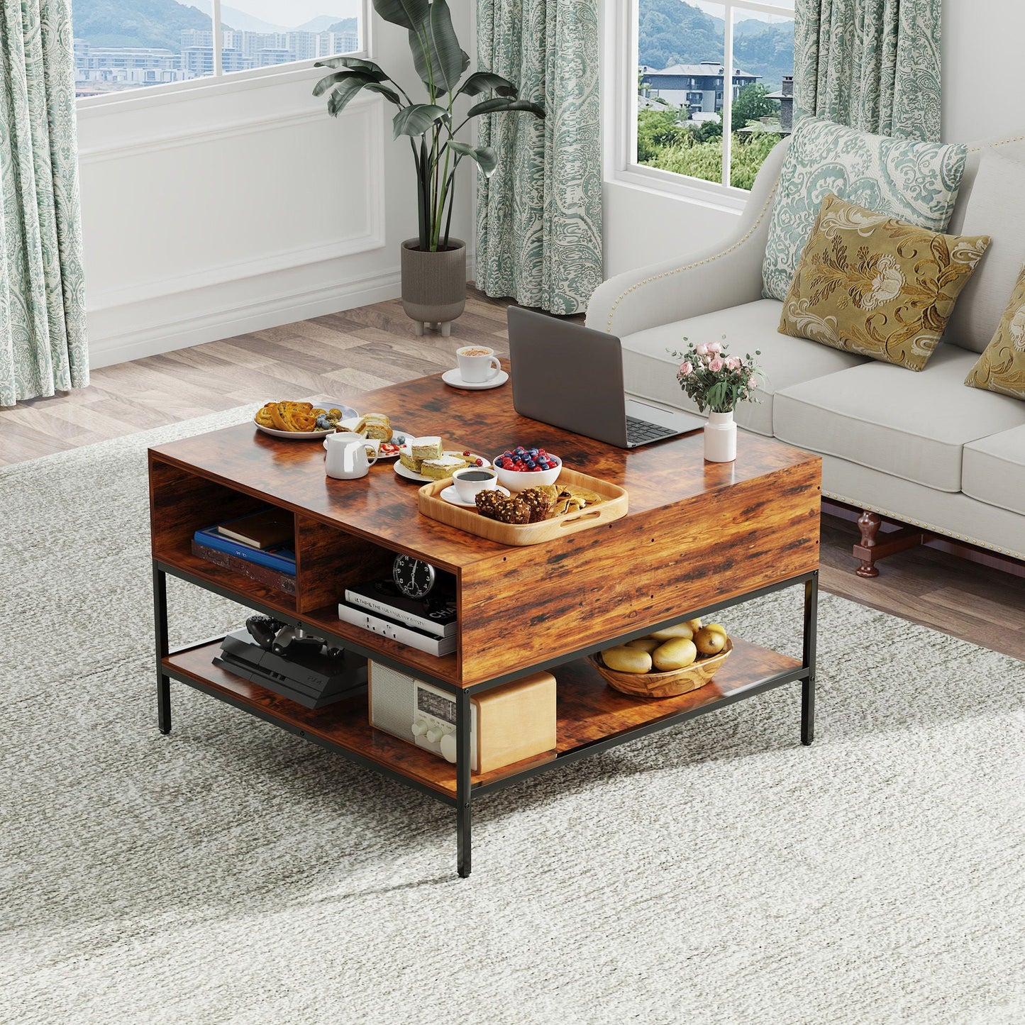 Rustic Flip Top Coffee Table With Hidden Storage - Black / Brown Home Essentials