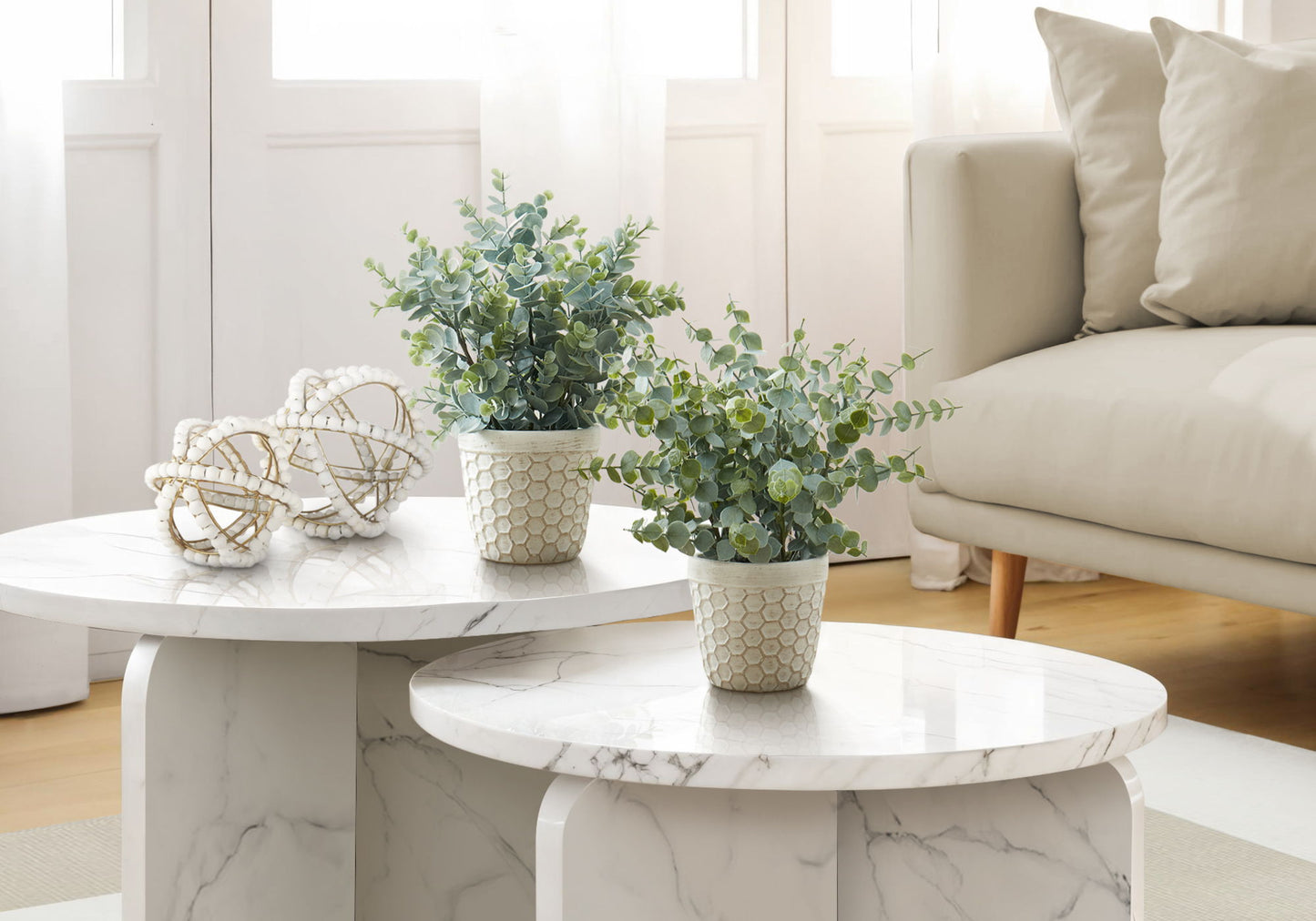 13" Tall, Artificial Plant, Eucalyptus Grass, Indoor, Faux, Fake, Table, Greenery, Potted, Decorative (Set of 2) - Green / White 8th Street