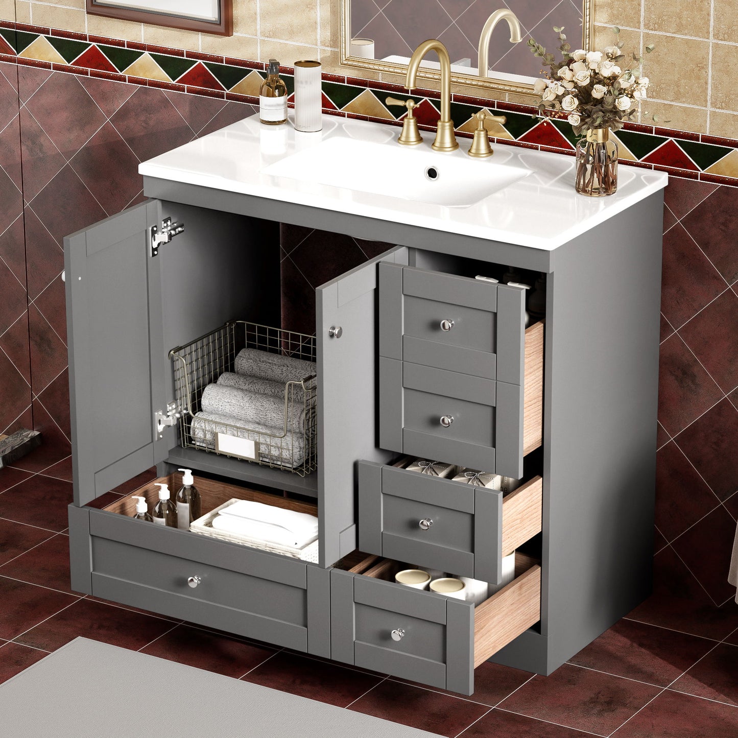 Shaker Free Standing Bathroom Vanity Cabinet With Sink, Soft Close Drawers, Soft Close Doors Hearth and Haven