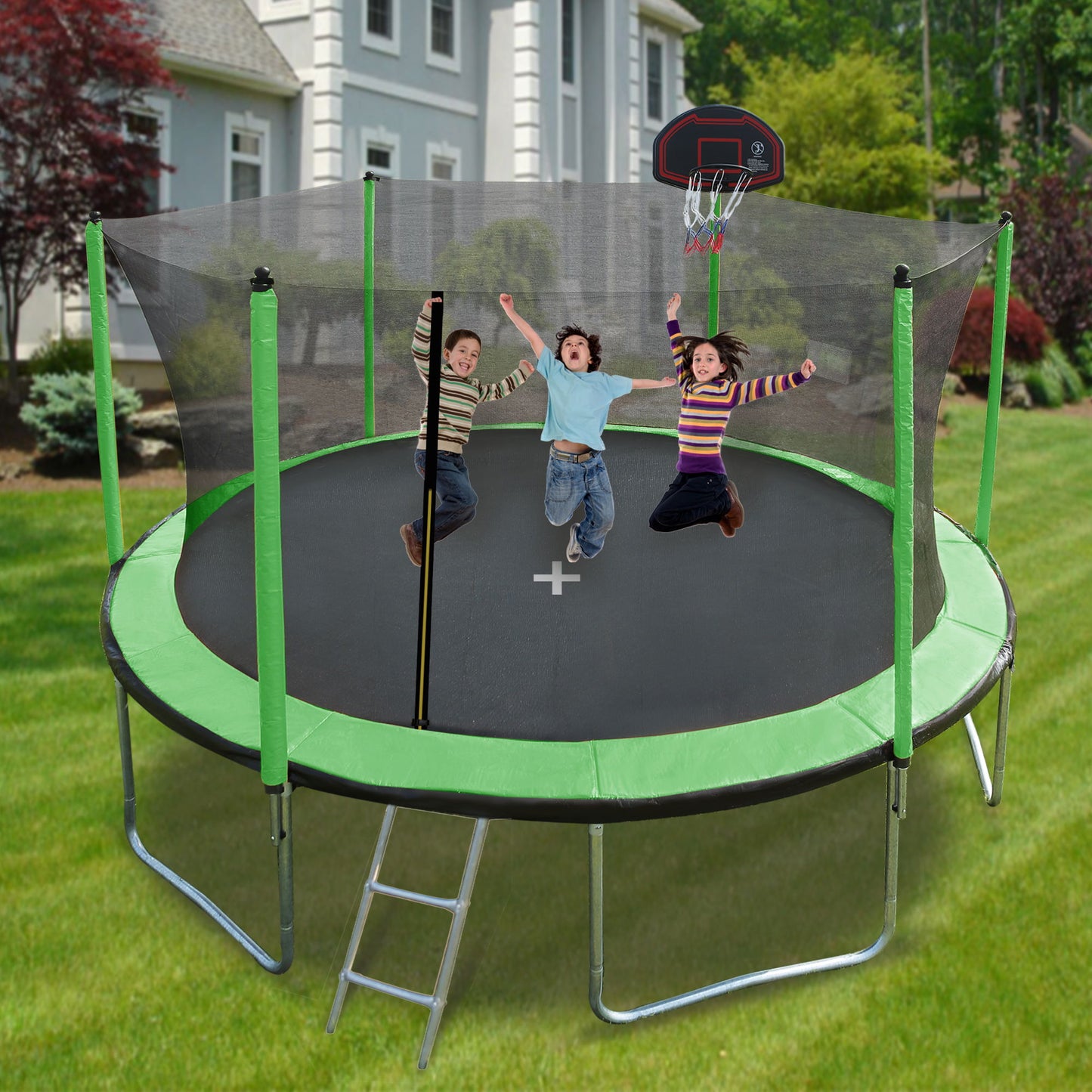15Ft Trampoline With Basketball Hoop Inflator And Ladder (Inner Safety Enclosure) Daily Nest
