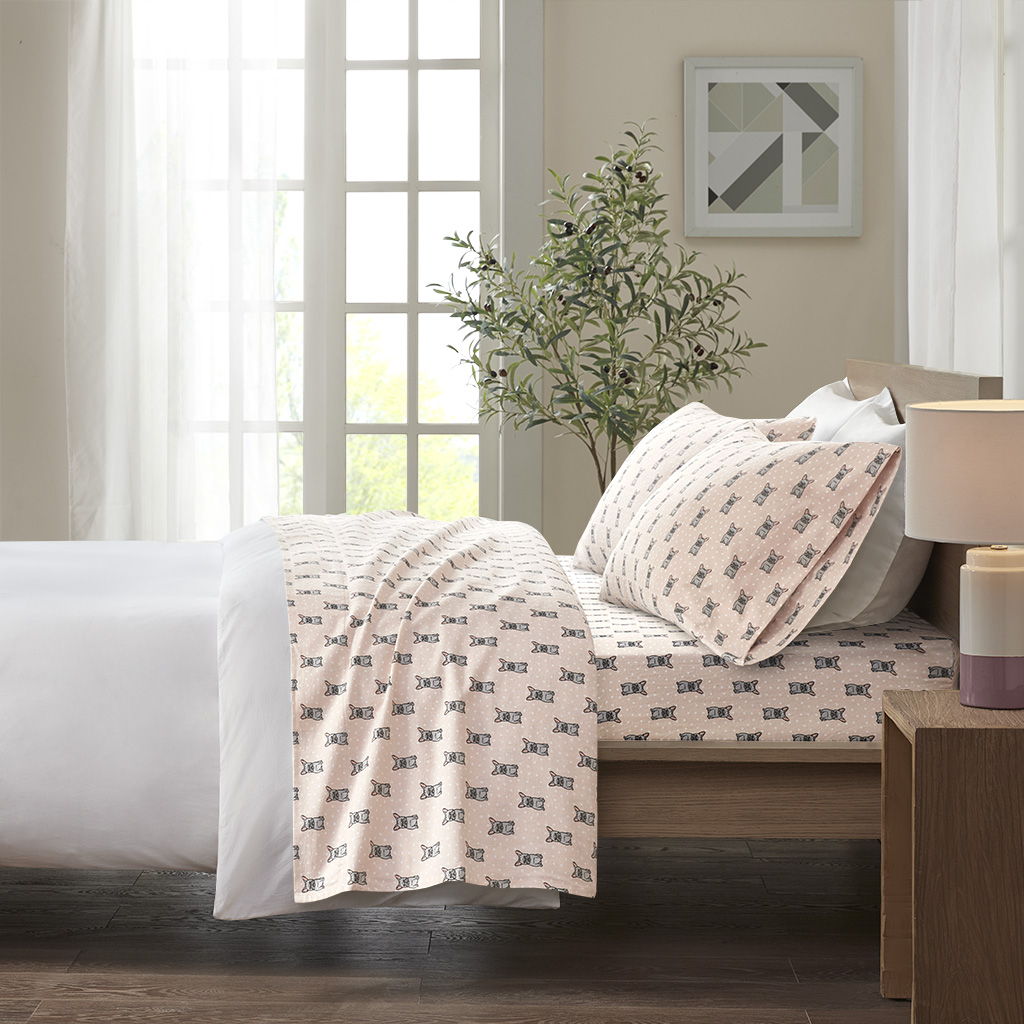 Queen Cozy 100% Printed Sheet Set - Pink French Bulldog True North by Sleep Philosophy