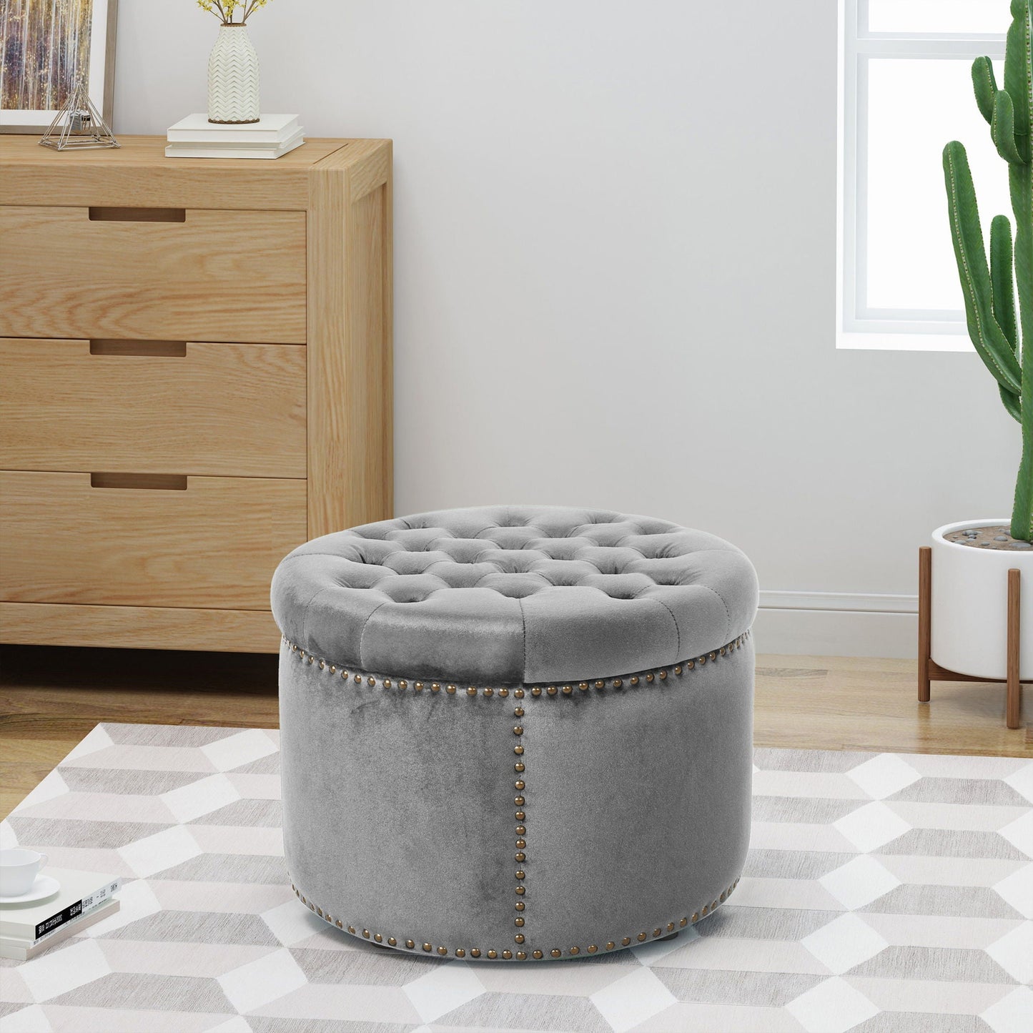 Elegant Round Ottoman Footstool With Studded Rim Noble House