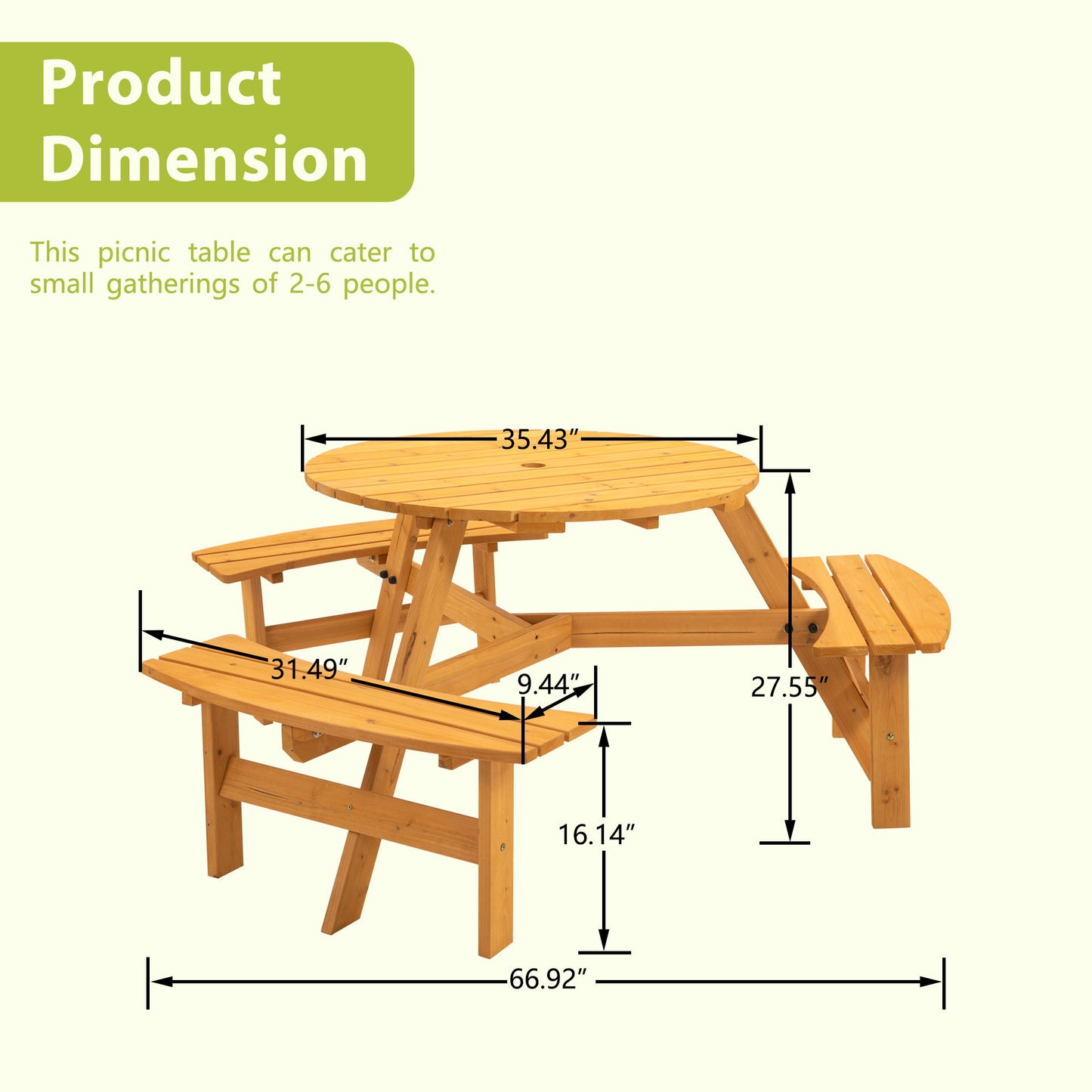 6 Person Circular Outdoor Wooden Picnic Table For Patio, Backyard, Garden, Diy With 3 Built-In Benches, 1720Lb Capacity Home Essentials