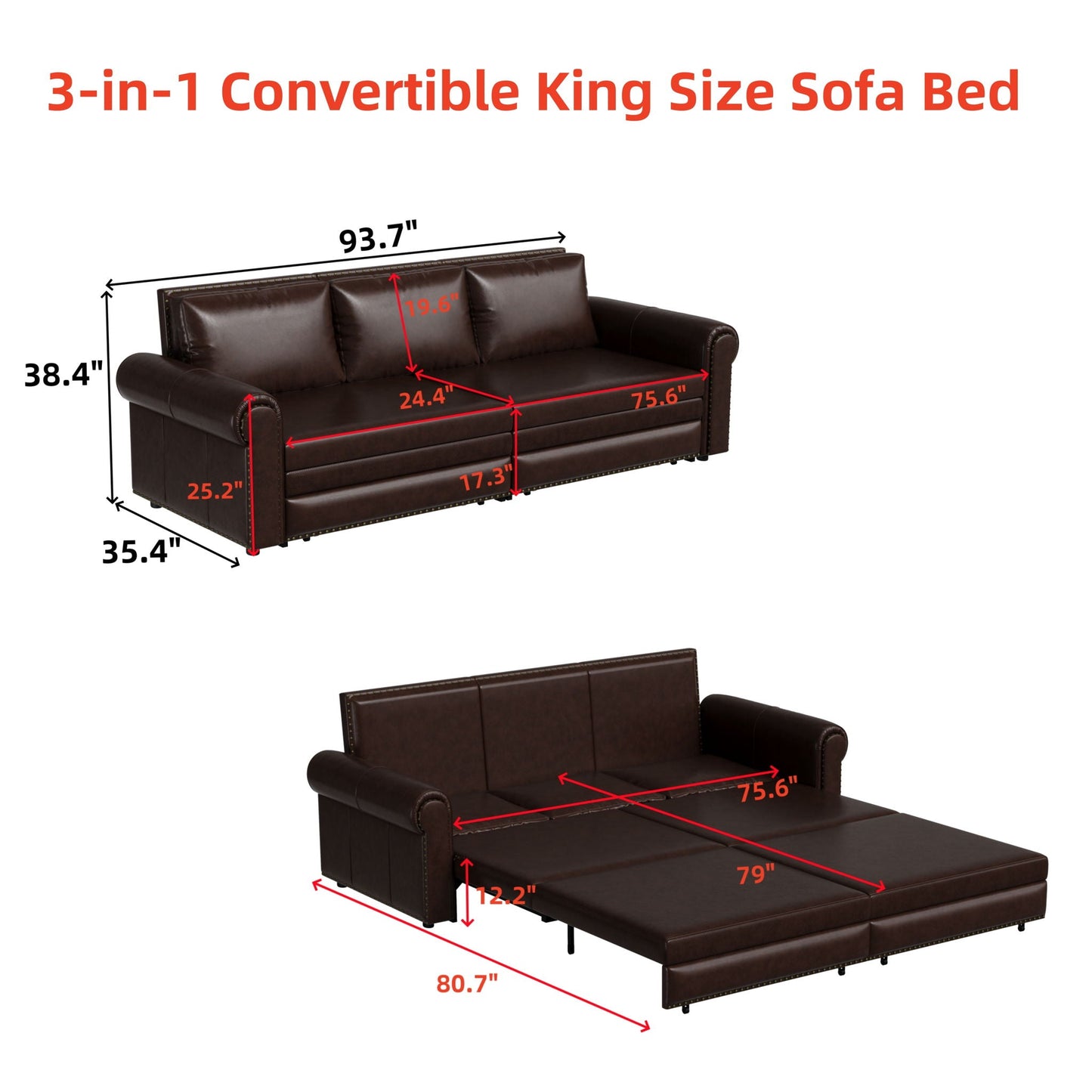 3 In 1 Convertible Sleeper Sofa With Nailhead Trim & Rolled Arm Home Essentials