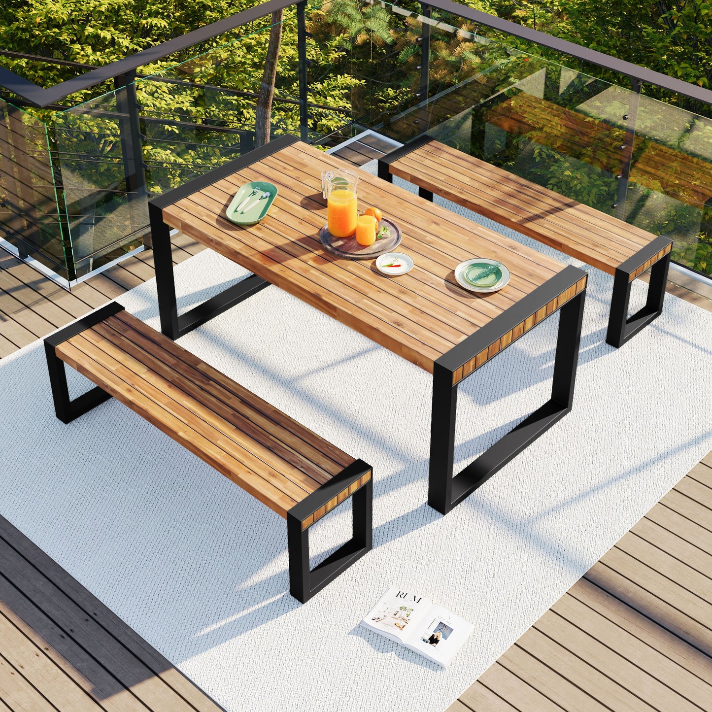 3 Pieces Outdoor Dining Table With 2 Benches, Patio Dining Set With Unique Top Texture, Acacia Wood Top & Steel Frame, All Weather Use, For Outdoor & Indoor - Natural Hearth and Haven