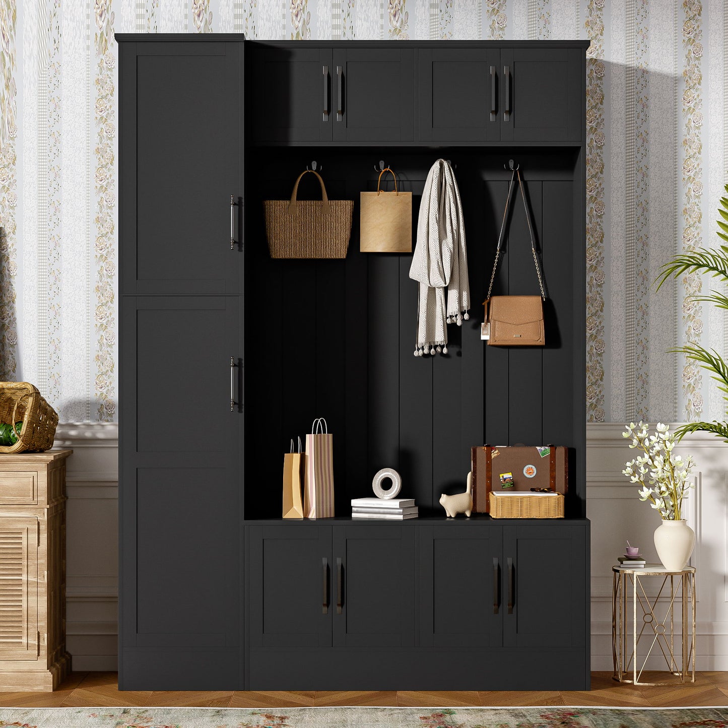 Tall Hall Tree With Shoe Storage, 4 In 1 Entryway Bench With 6 Cabinets, 4 Coat Hooks & Adjustable Shelf For Hallway - Black Hearth and Haven