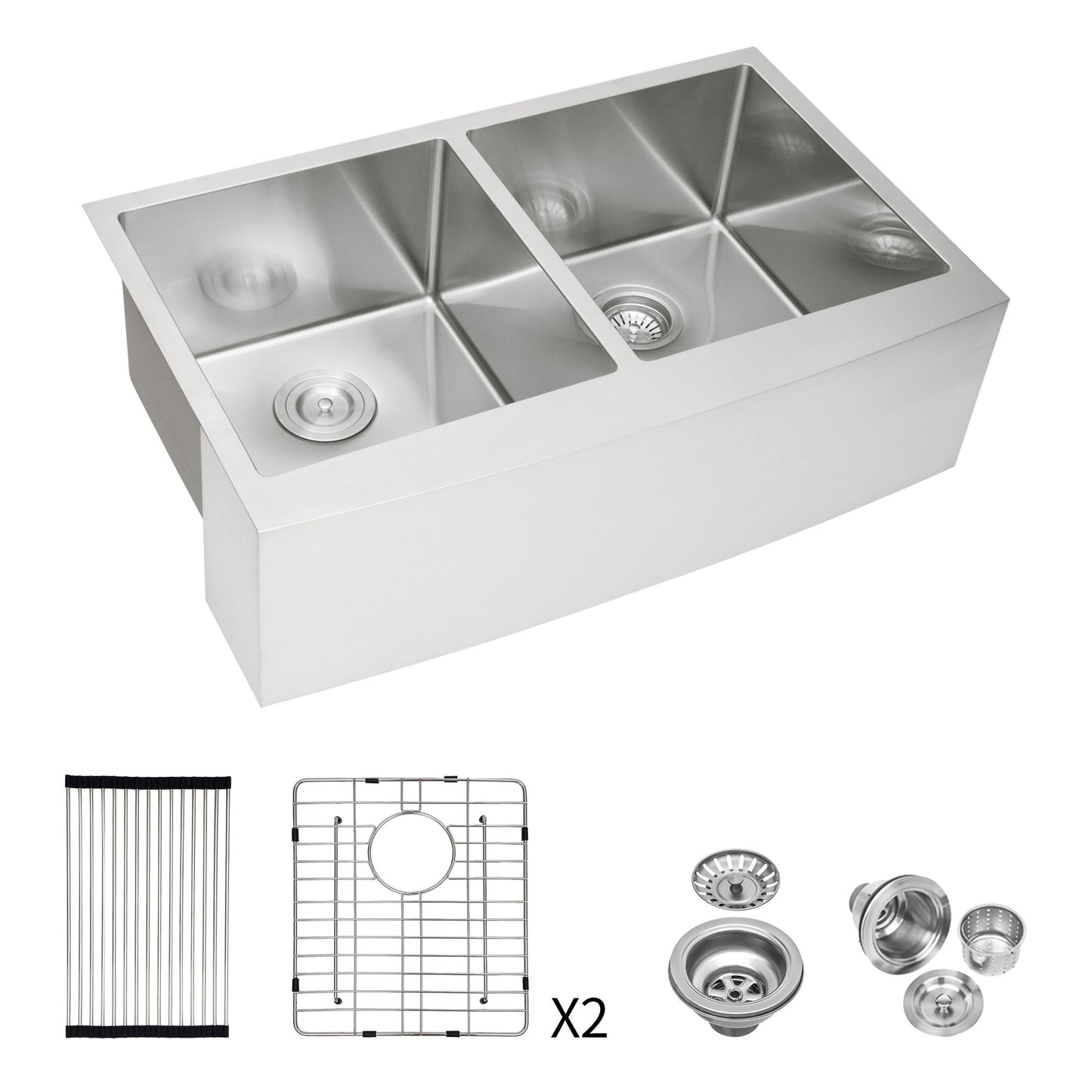 Double Bowl Farmhouse Sink, Stainless Steel Apron Front Kitchen Sink 16 Gauge - Brushed Nickel Daily Nest