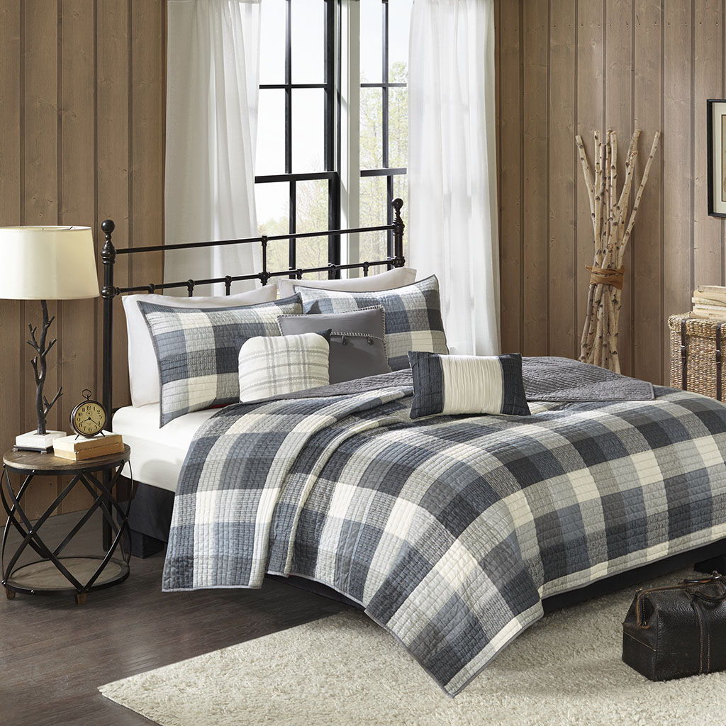 Ridge - 6 Piece Reversible Herringbone Coverlet Set - Gray- King Madison Park