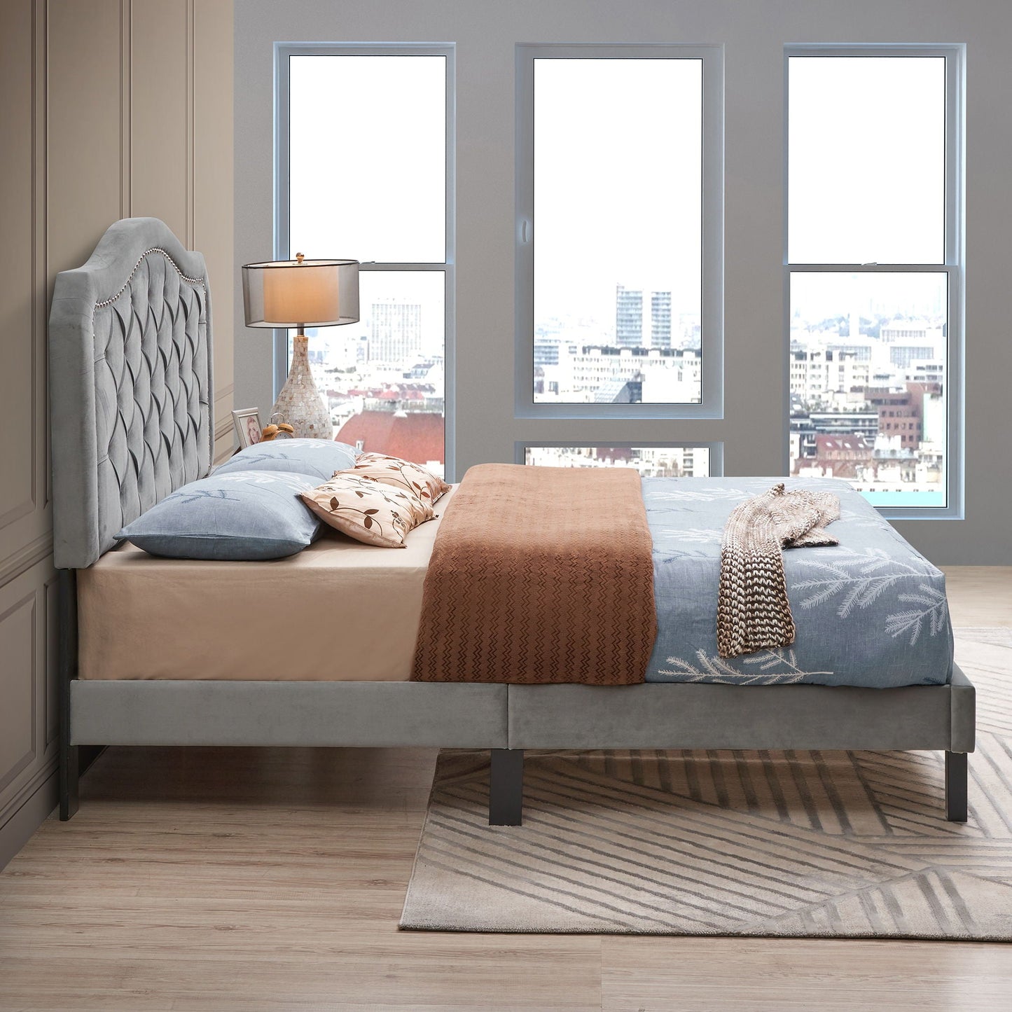 Queen Platform Upholstered Bed Button Tufted With Curve Design, Strong Wood Slat Support - Gray Home Essentials