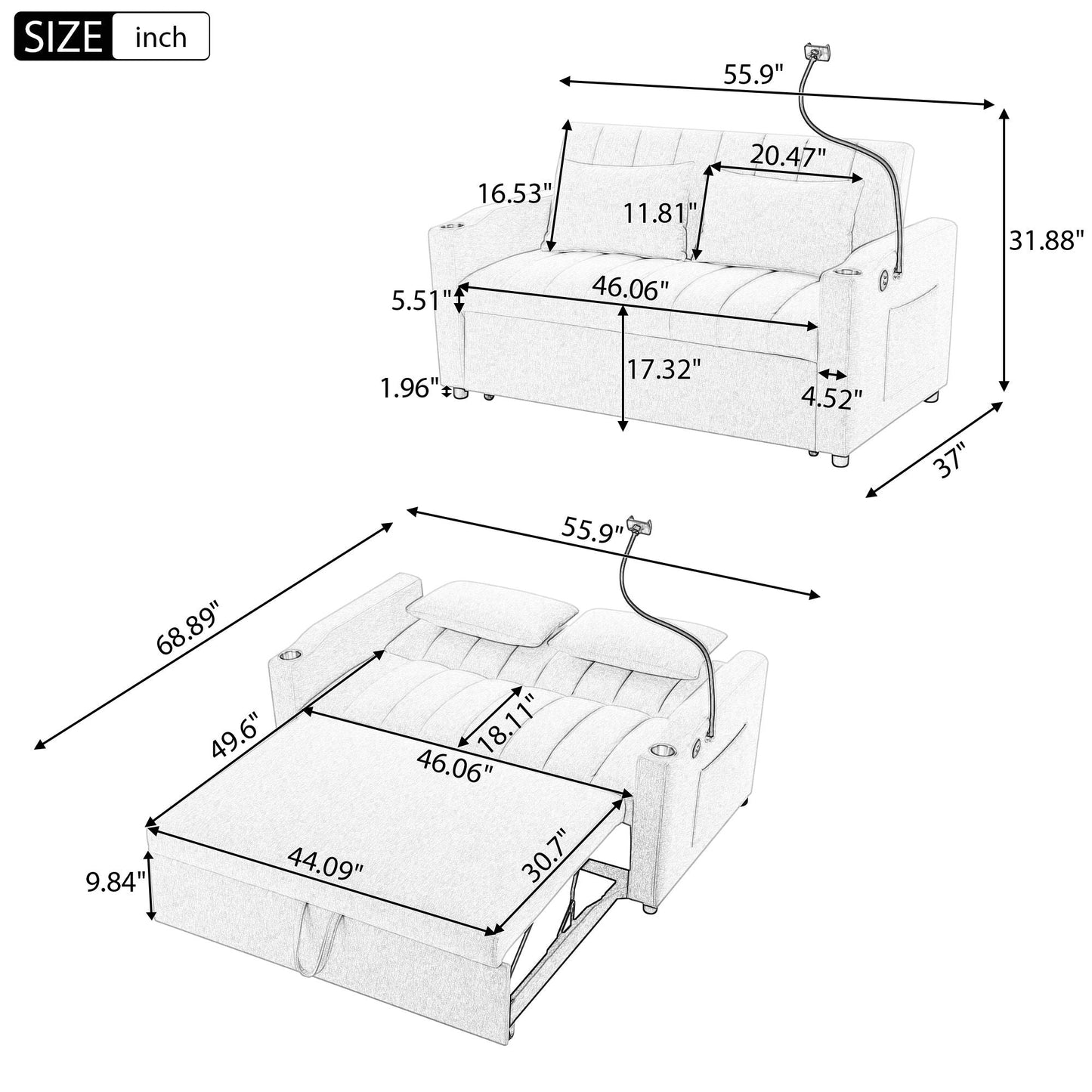Convertible Sofa Bed Loveseat Sofa With Three USB Ports, Two Side Pockets, Two Cup Holders And 360° swivel Phone Holder For Living Room Hearth and Haven