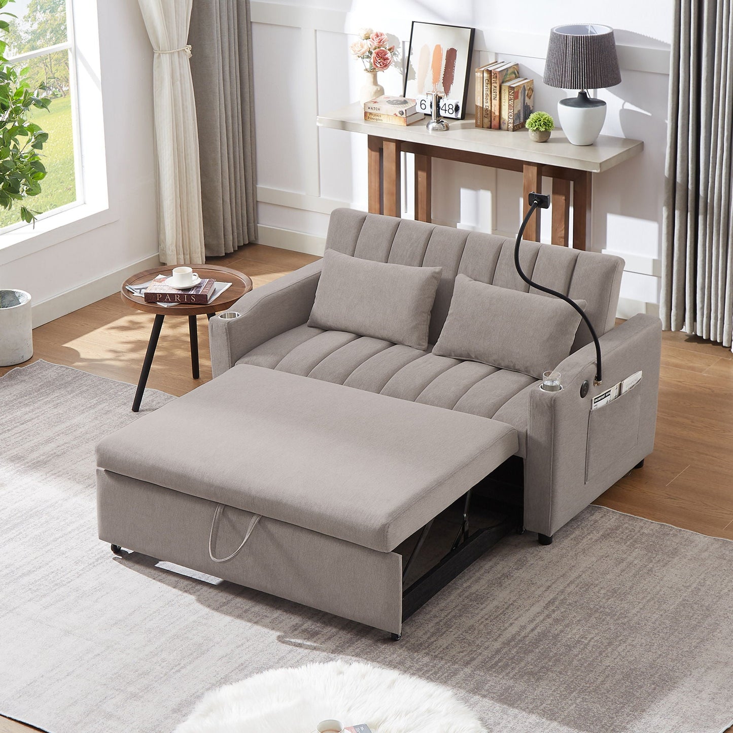 Convertible Sofa Bed Loveseat Sofa With Three USB Ports, Two Side Pockets, Two Cup Holders And 360° swivel Phone Holder For Living Room Hearth and Haven
