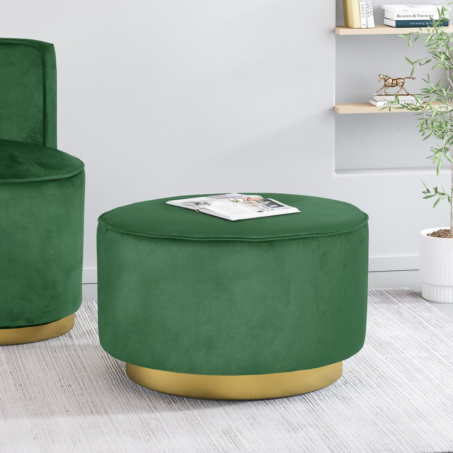 Round Velvet Ottoman, Upholstered Foot Stool For Living Room, Entryway - Emerald Noble House