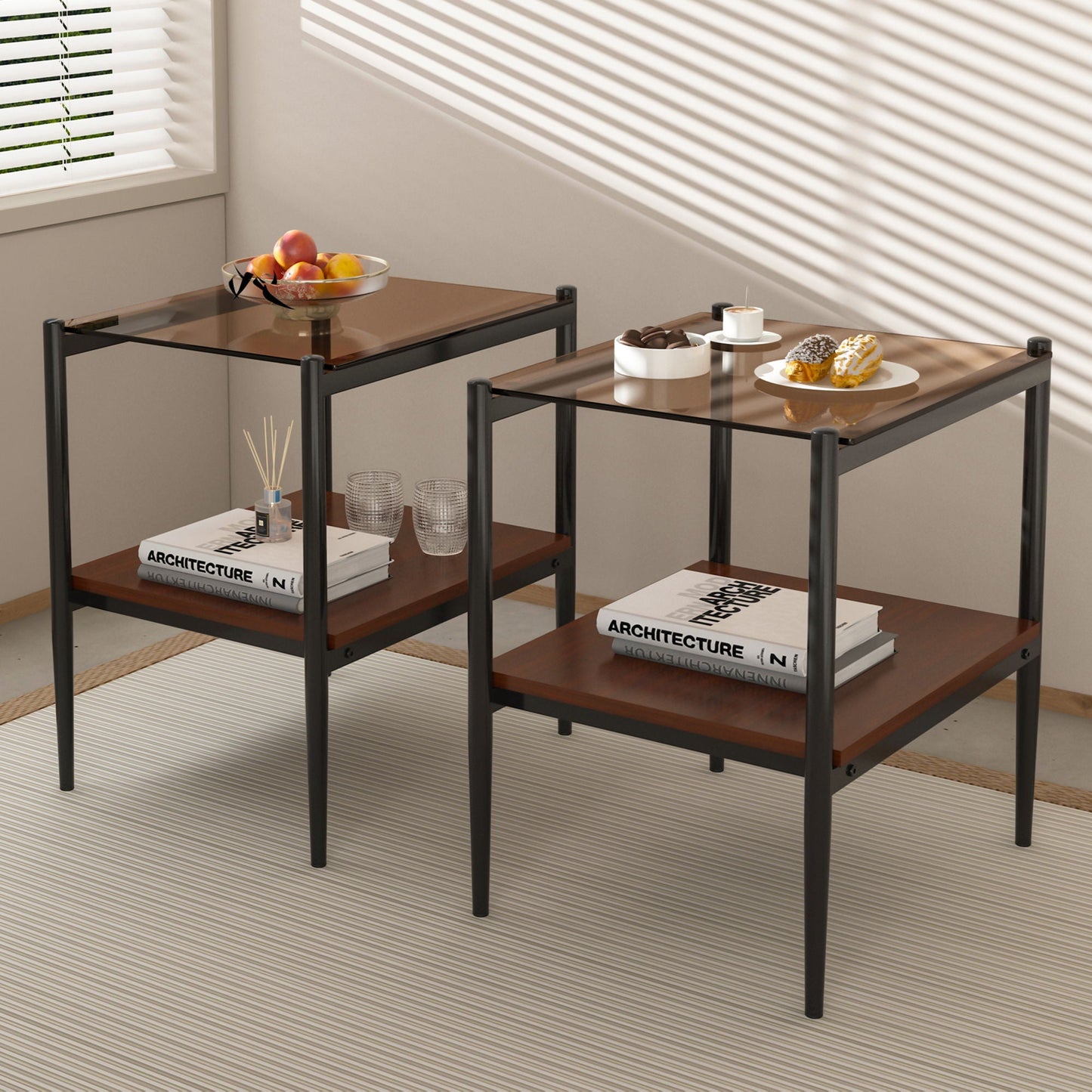 Modern Rectangle End Table (Set of 2) With Tempered Glass Tabletop And Layer - Brown Home Essentials