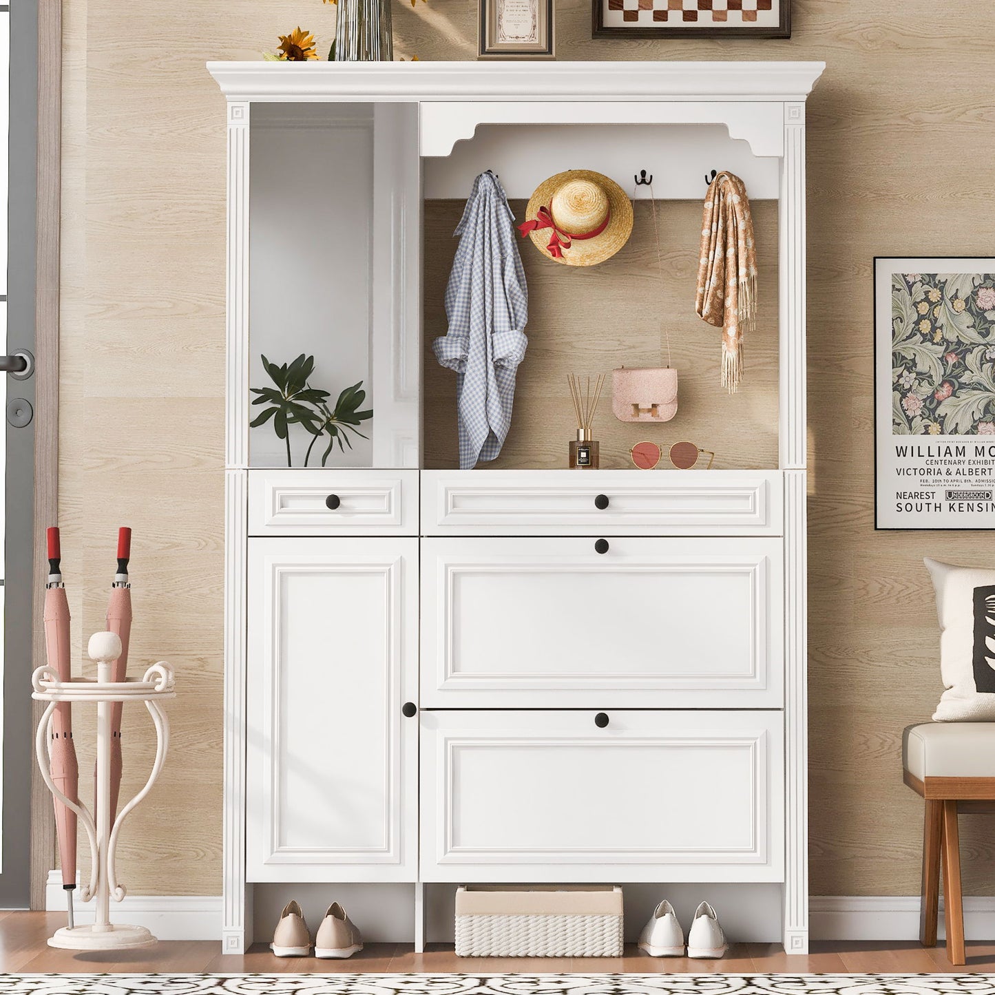 Hall Tree With Integrated Shoe Cabinet And Mirrored Cabinet Door, Coat Hanger, Entryway Bench, 4 In 1 Design, 2 Flip Drawers, 4 Hooks And 2 Cabinets For Entrance, Living Room - White Hearth and Haven