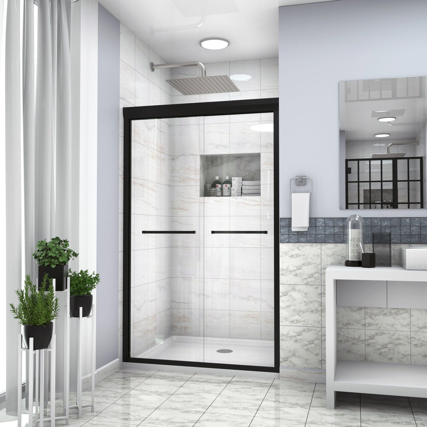 Modern Double Sliding Shower Enclosure, Tempered Glass Daily Nest
