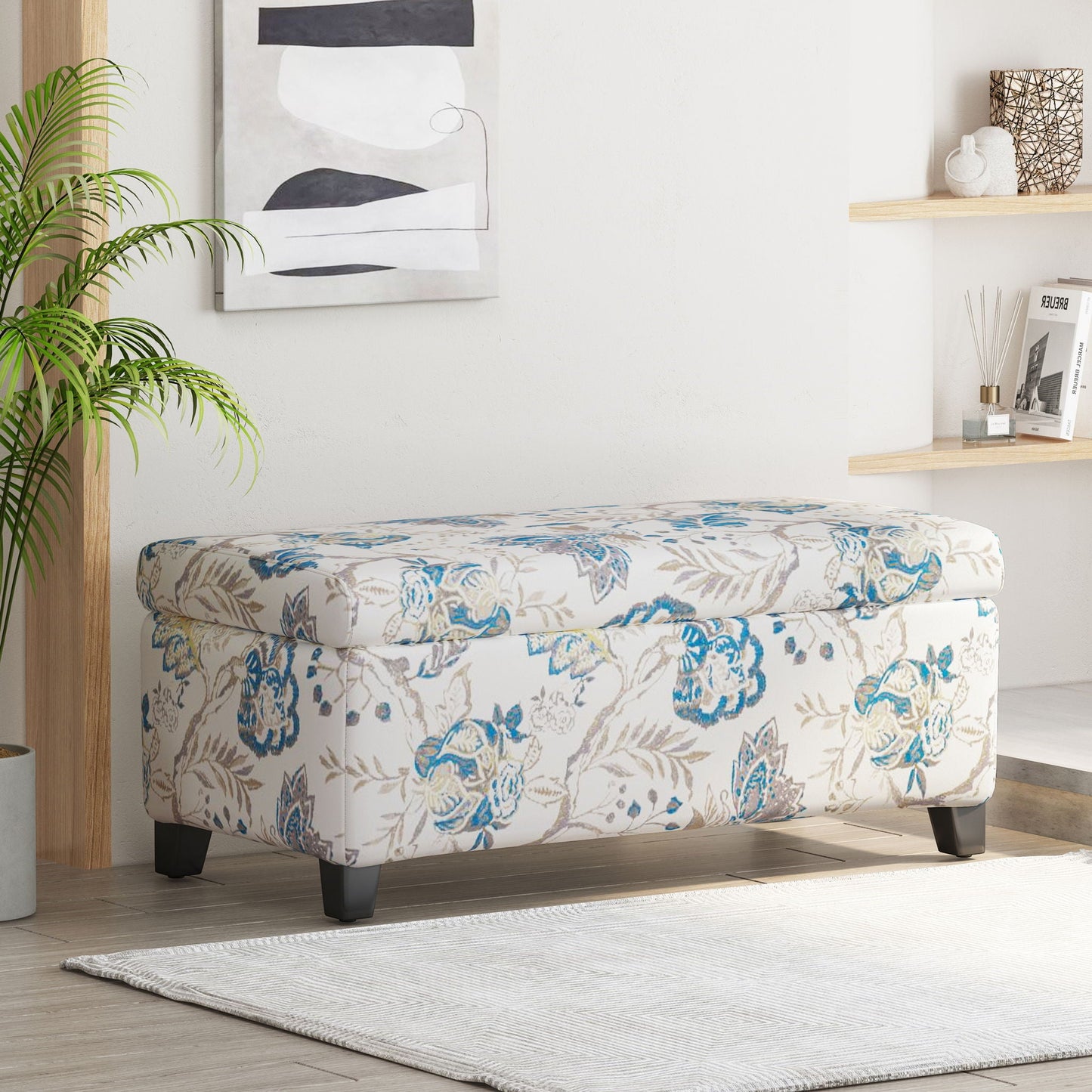 Luxury Storage Ottoman With Floral Patterned Fabric, Soft Close Hinges, Functional Footrest & Seat - Blue Flower / Blue Multi Noble House