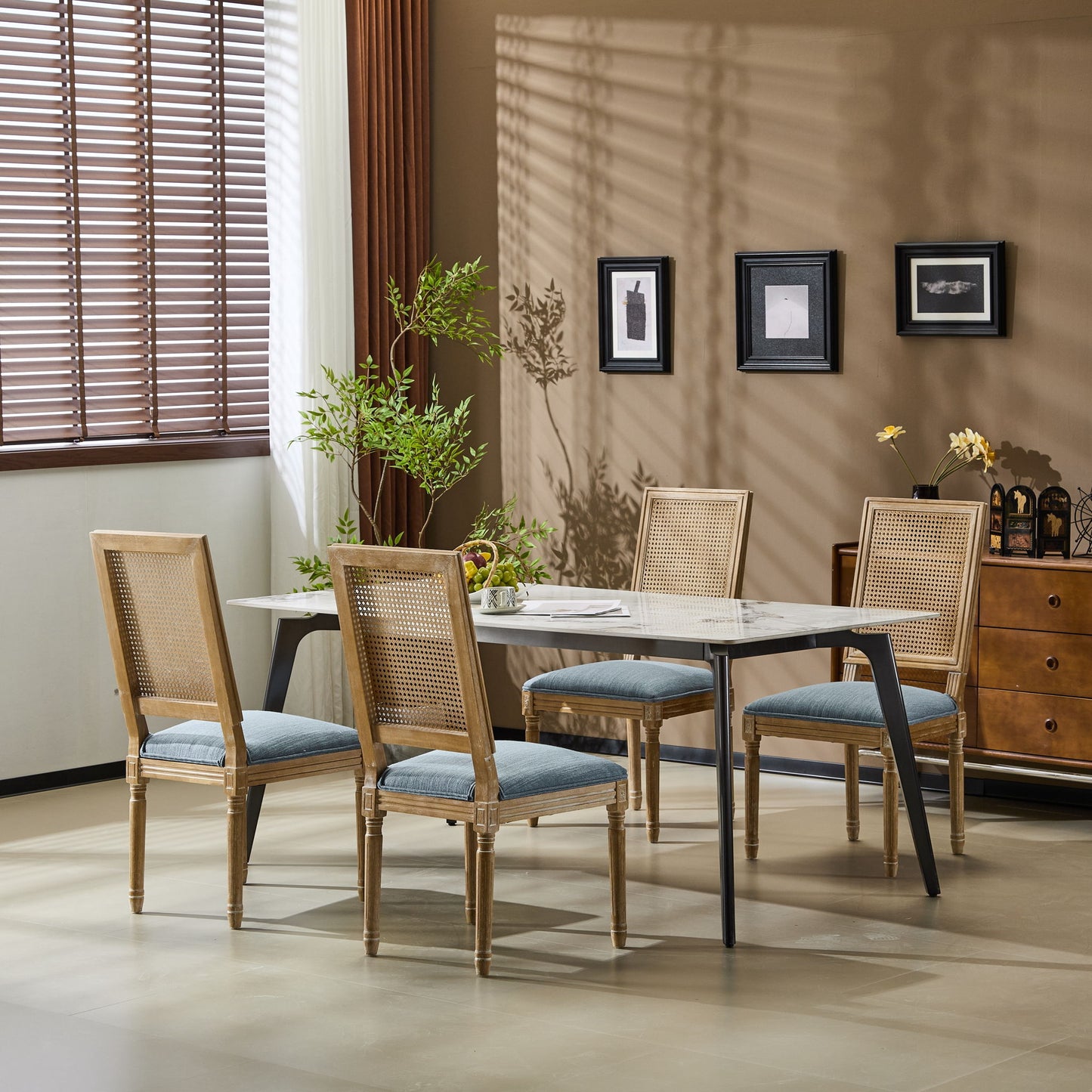 French Country Dining Chair With Rectangular Cane Backrest And Smooth Upholstered Seating Noble House
