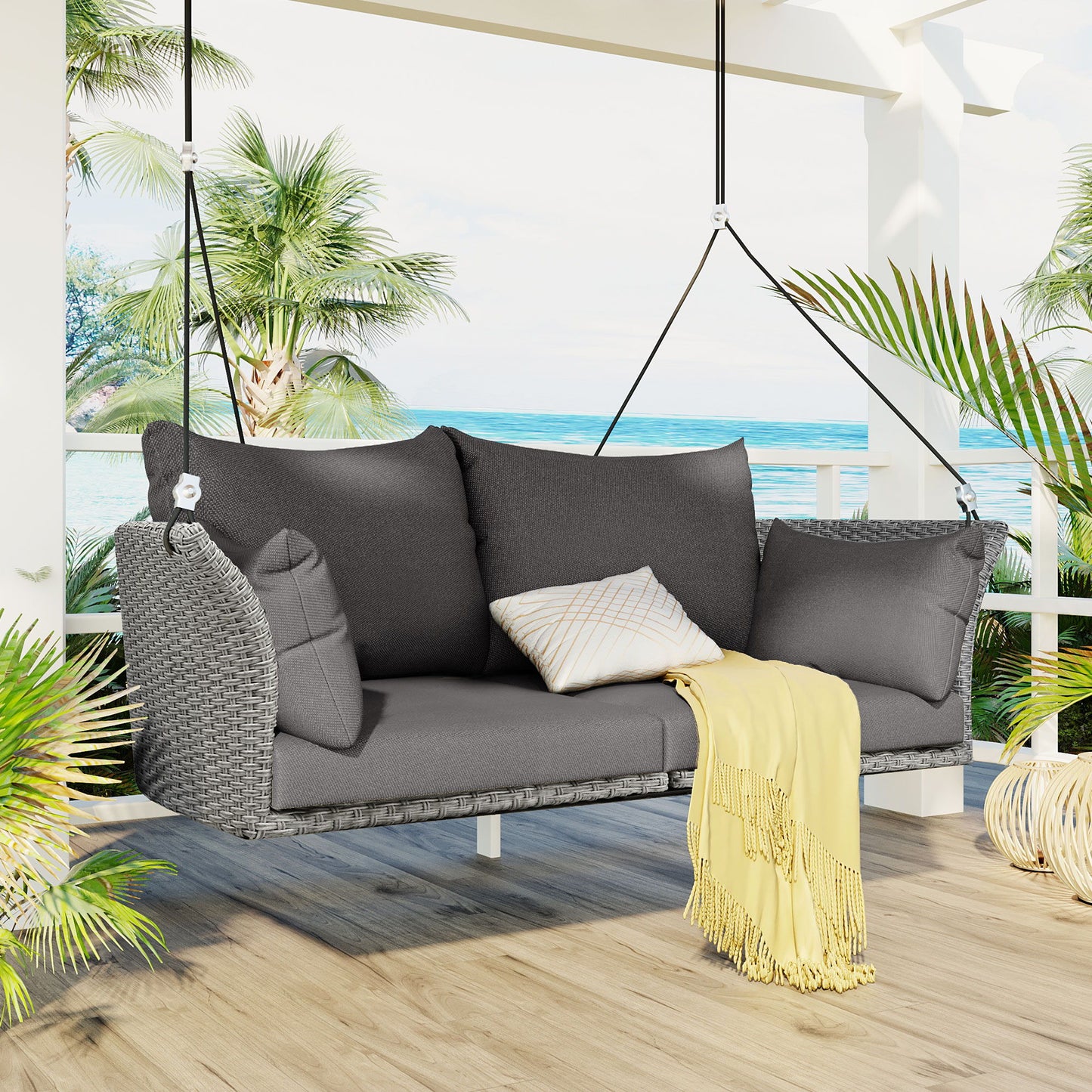 2 Person Hanging Seat, Rattan Woven Swing Chair, Porch Swing With Ropes Hearth and Haven