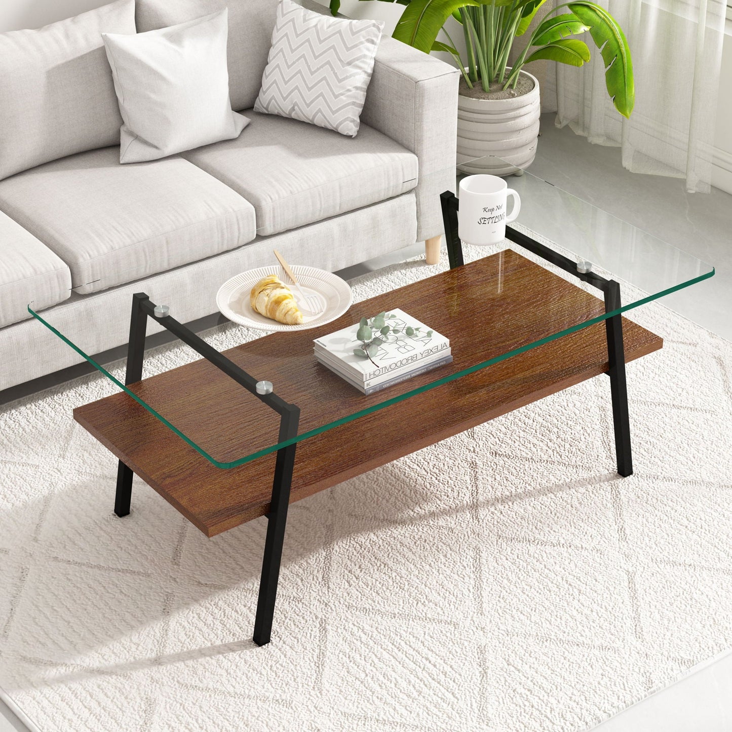 Rectangle Coffee Table, Tempered Glass Tabletop With Metal Legs, Modern Table For Living Room Home Essentials