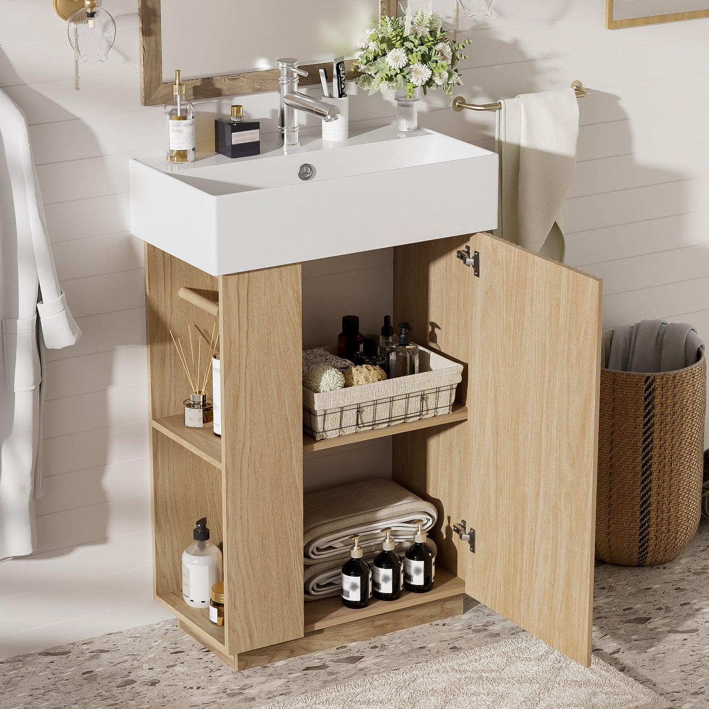 Bathroom Vanity With Sink, Freestanding Wood Grain Cabinet With Storage Hearth and Haven