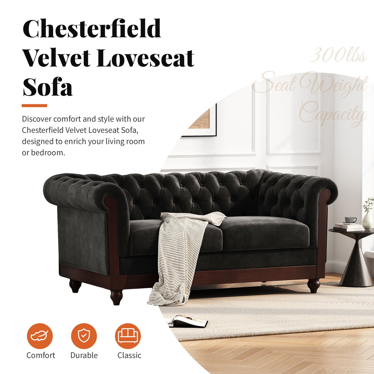 Chesterfield Velvet Loveseat Sofa, 2 Person Rolled Arm Upholstered Couch Noble House