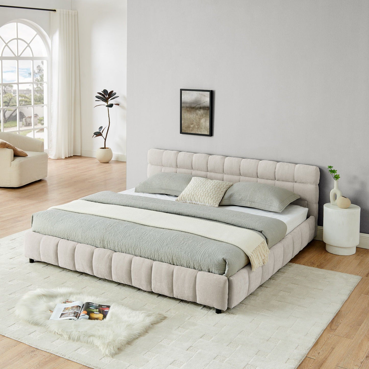 Modern Platform Bed Frame With Thick Chenille Fabric Home Essentials